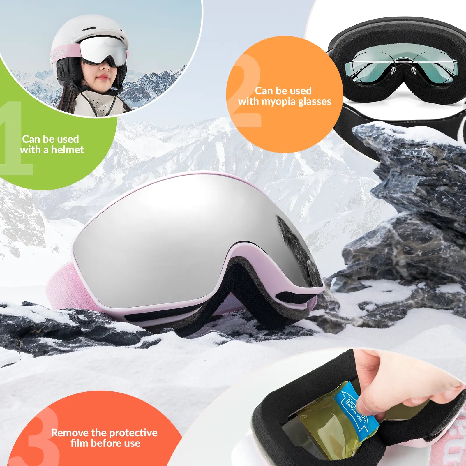 Kids anti-fog ski goggles by Qunature Global featuring UV400 protection for pre-teens and teenagers, in vibrant colors.
