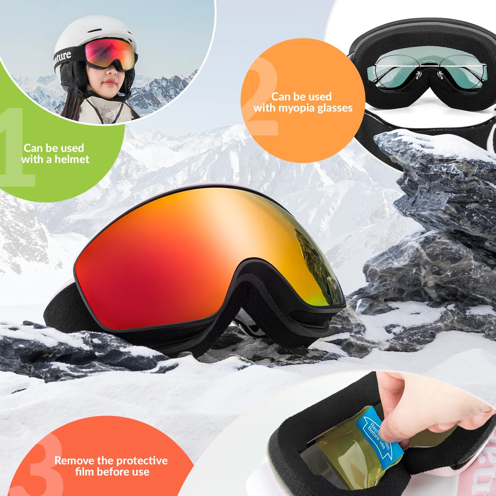 Kids anti-fog ski goggles by Qunature Global with UV400 protection for pre-teens and teenagers, featuring a vibrant design.
