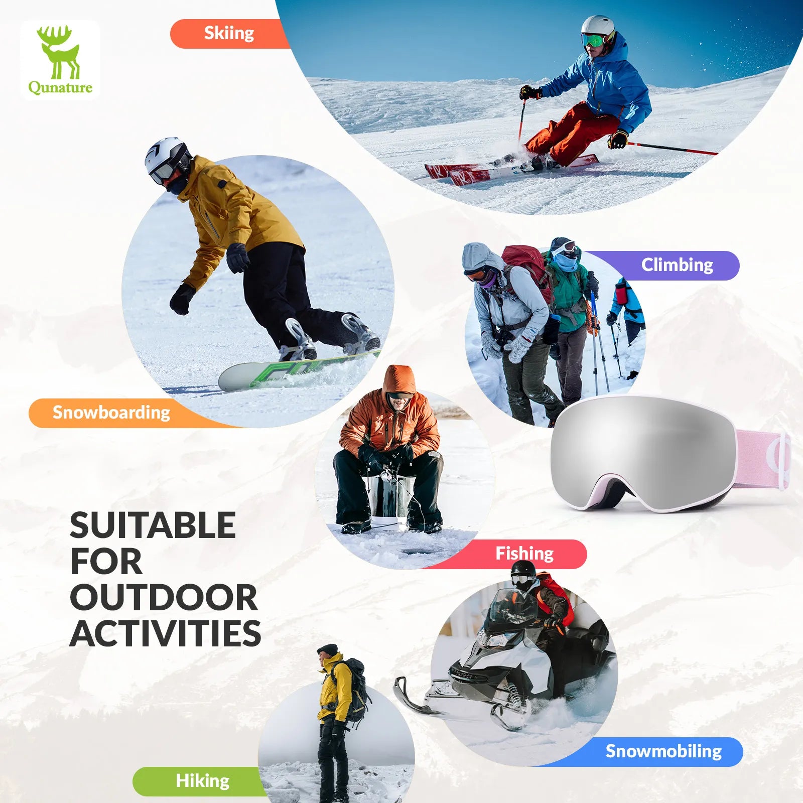 Qunature Global kids anti-fog ski goggles with UV400 protection, designed for pre-teens and teenagers on the slopes.