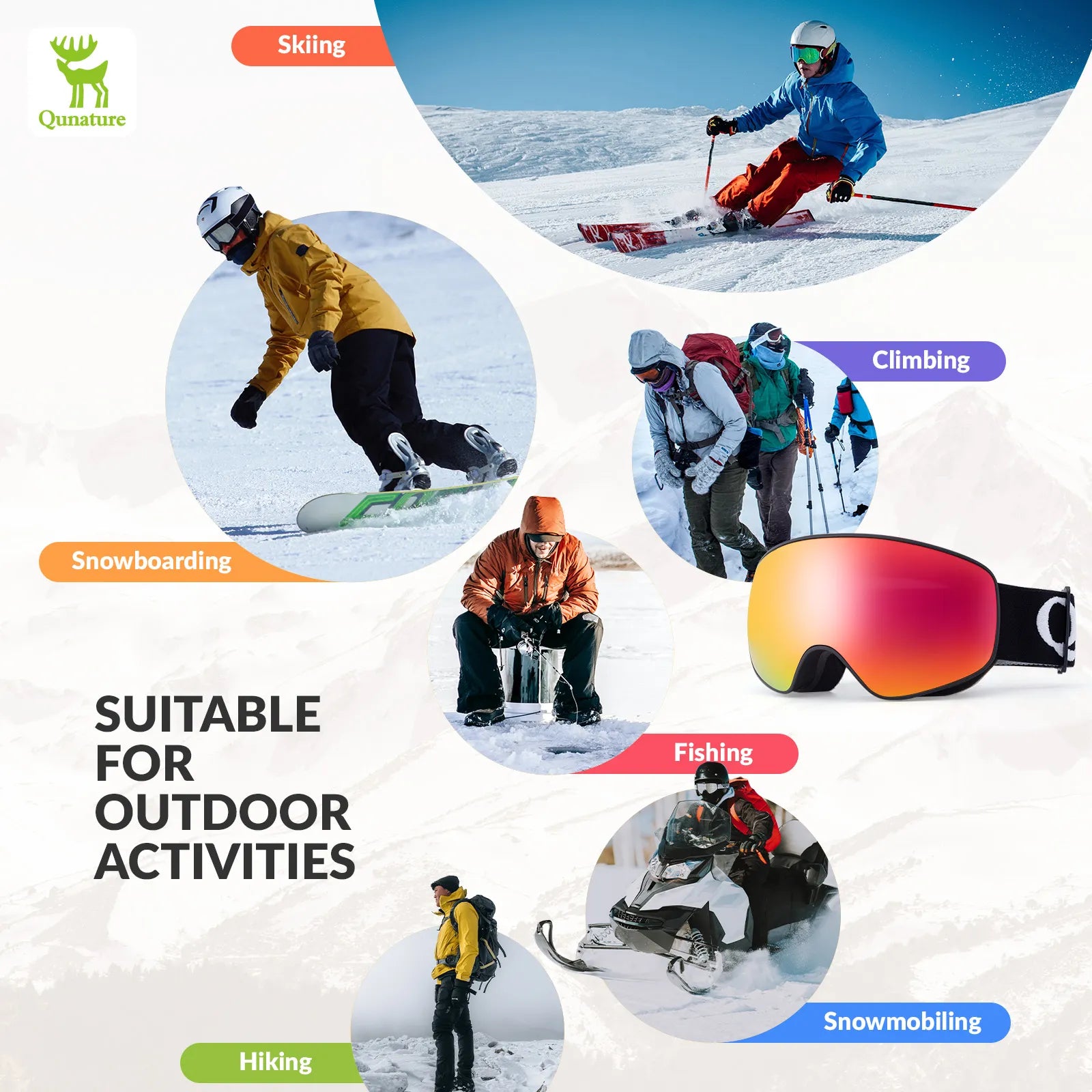 Qunature Global kids anti-fog ski goggles with UV400 protection for pre-teens and teenagers, featuring a colorful design.