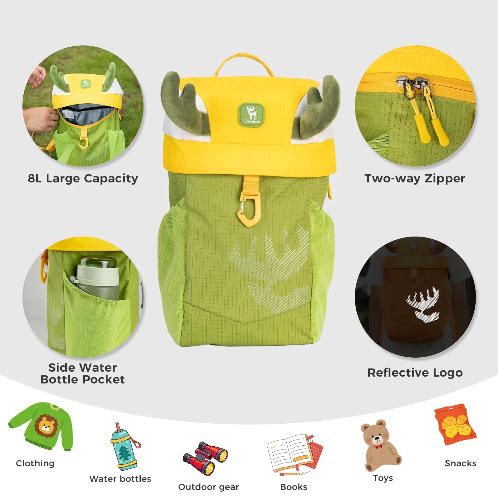 Kids water-repellent hiking backpack 8L by Qunature Global, featuring adjustable straps and vibrant colors.