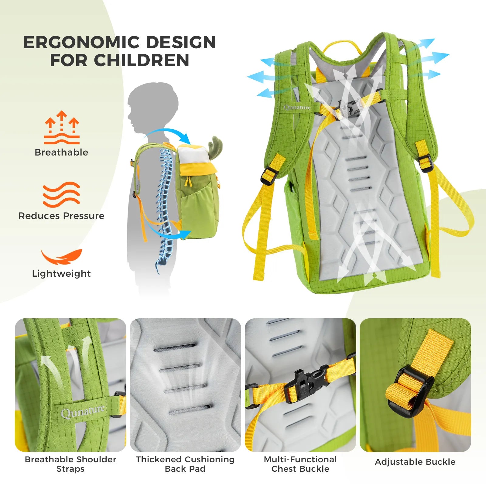 Kids water-repellent hiking backpack 8L by Qunature Global in vibrant colors, featuring adjustable straps and multiple pockets.