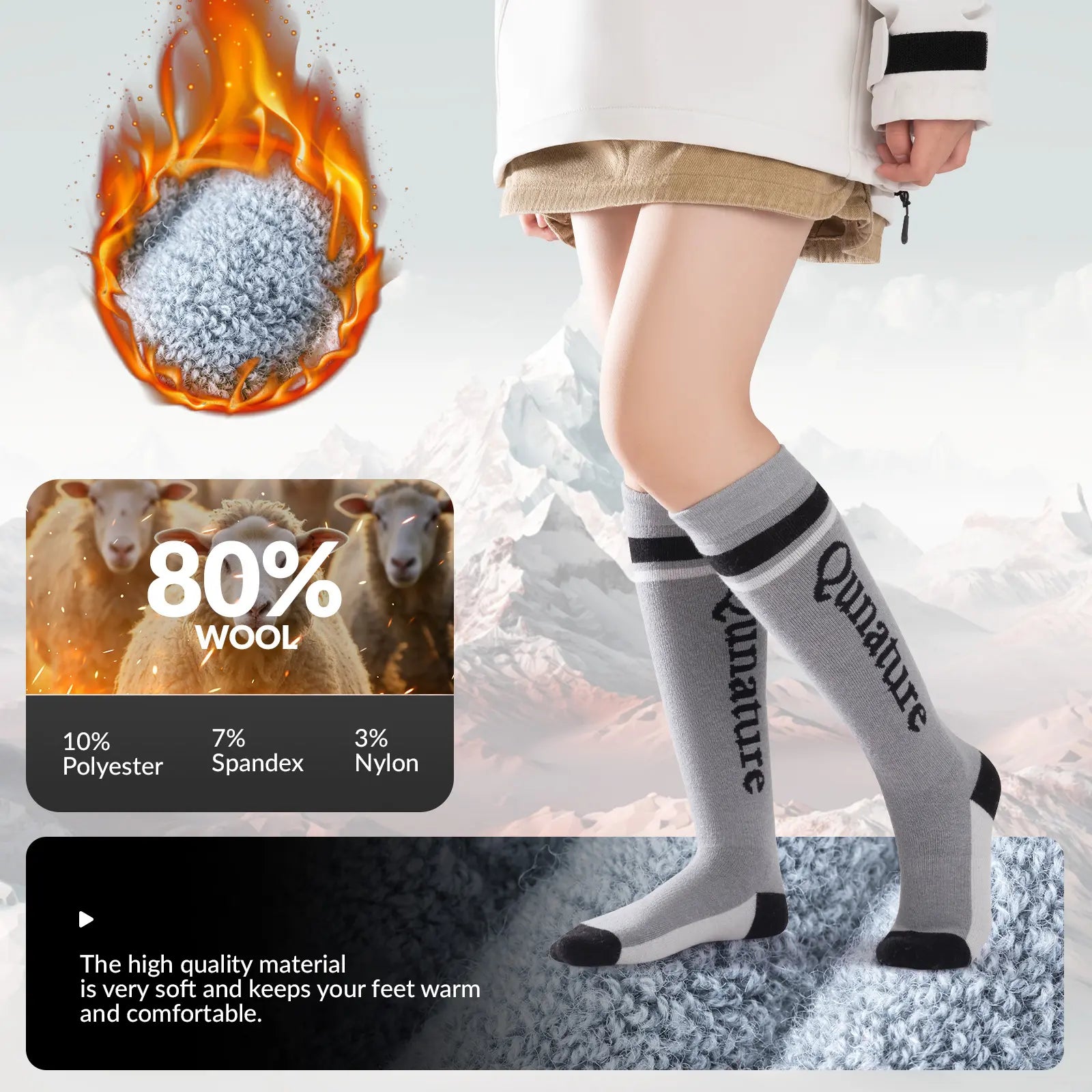 Kids wool blend ski socks by Qunature Global, knee-high winter socks with warm, cozy insulation for cold weather activities.