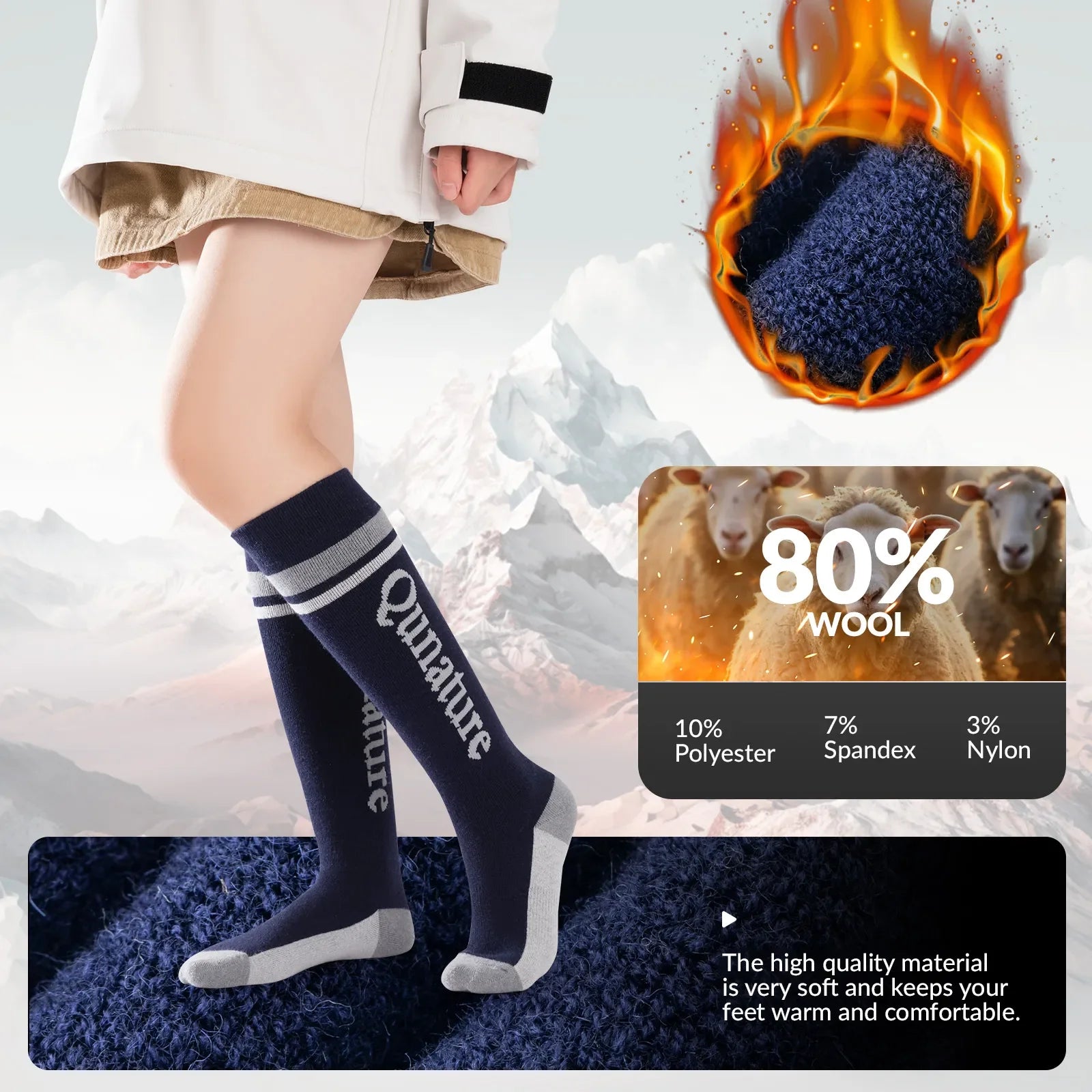 Kids wool blend ski socks by Qunature Global, knee-high warm winter socks designed for cold weather skiing and outdoor play.