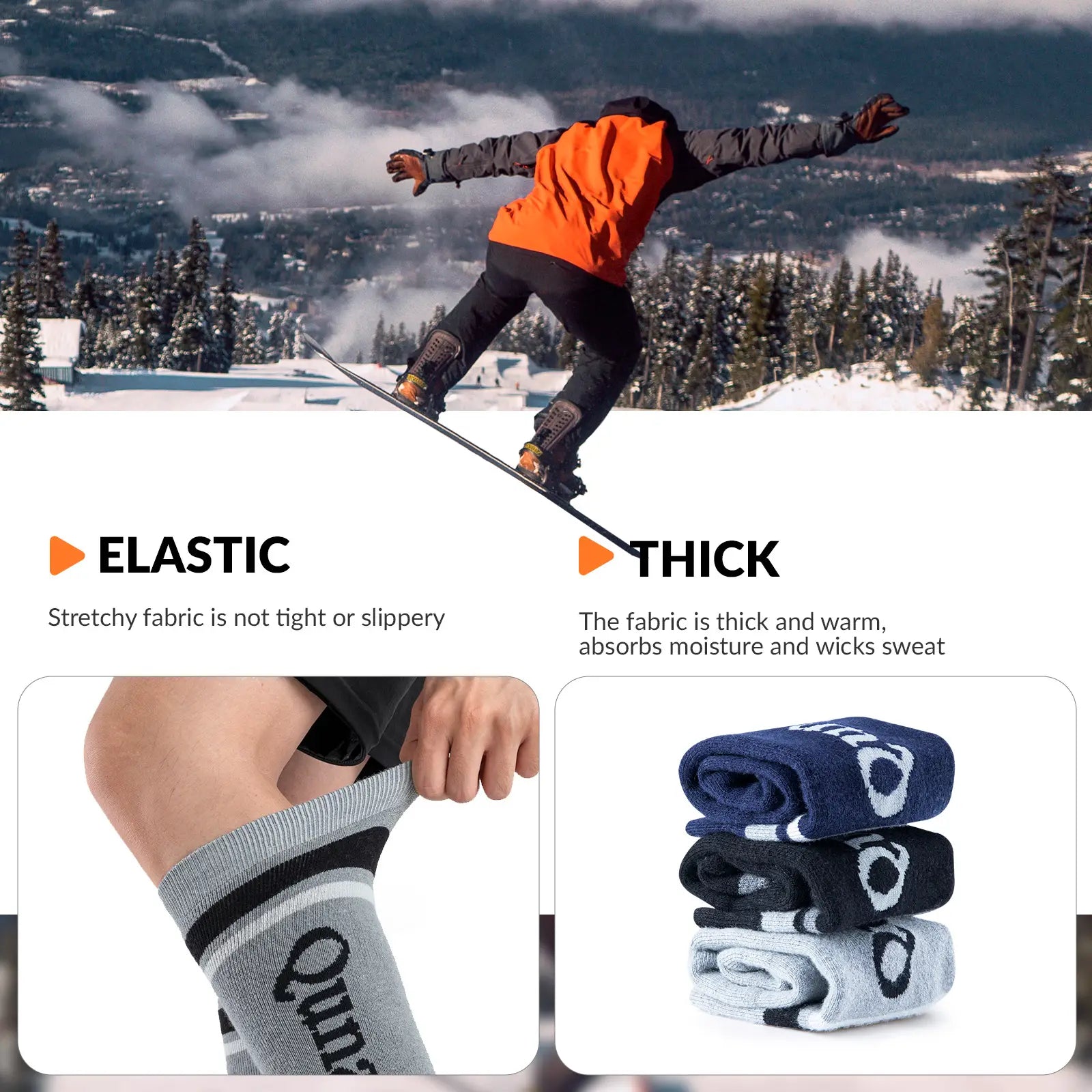 Kids wool blend ski socks by Qunature Global, knee-high warm winter socks designed for cold weather skiing and outdoor play.