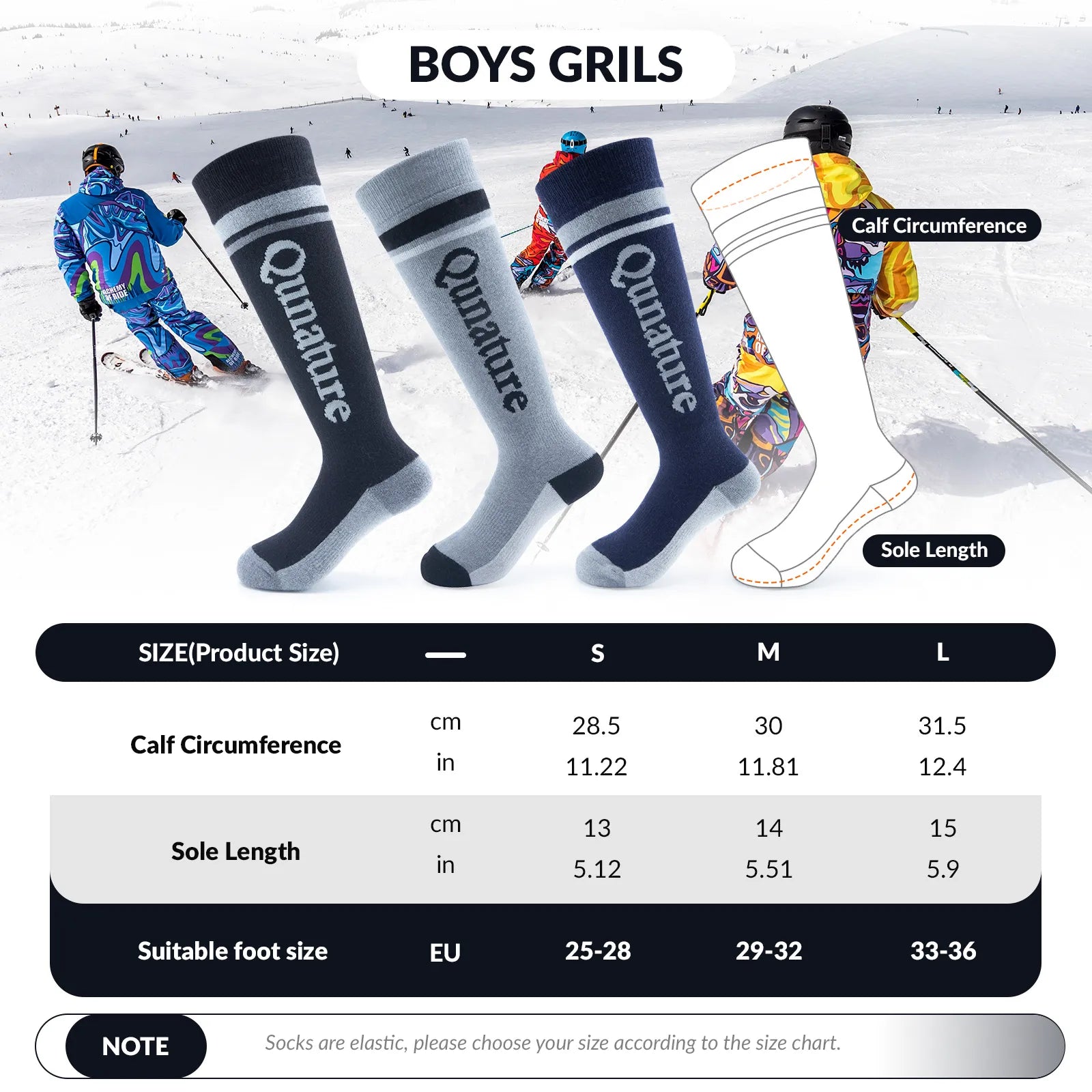 Kids wool blend ski socks by Qunature Global, warm knee-high winter socks designed for cold weather and outdoor winter activities.