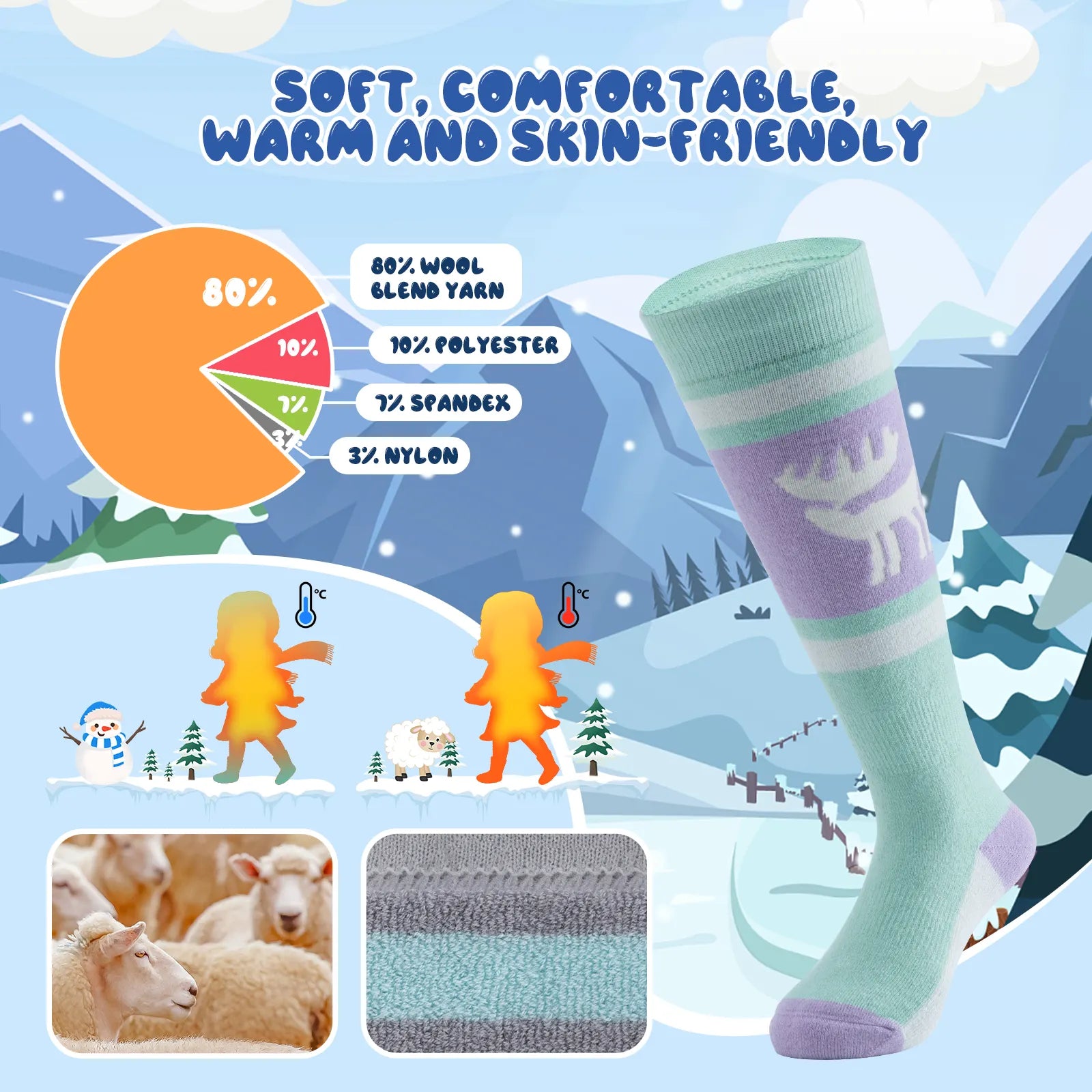 Kids wool blend ski socks by Qunature Global, knee-high thermal snowboarding and skating socks for boys and girls.