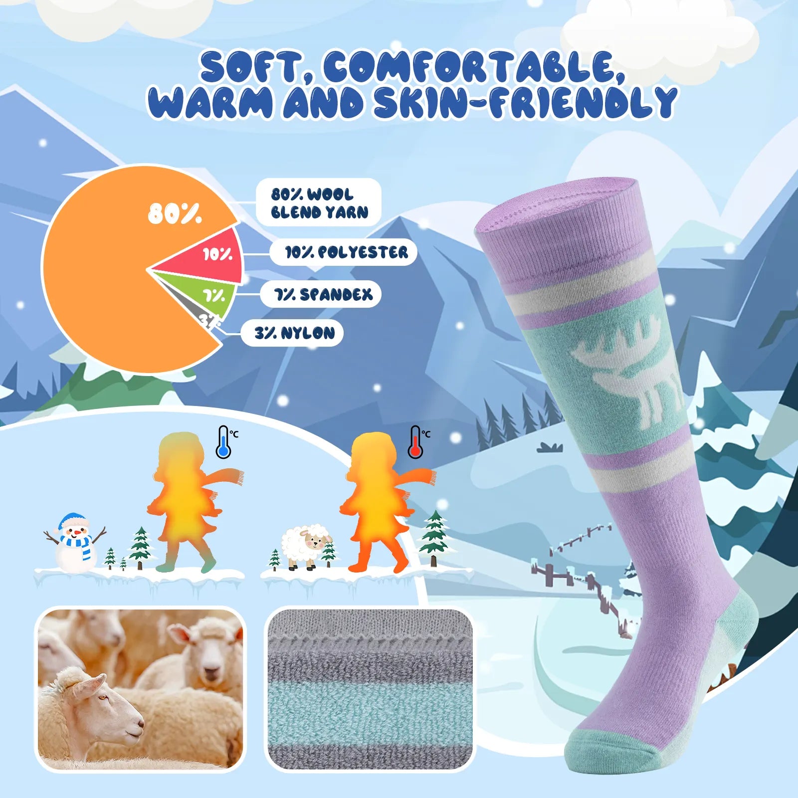 Kids ski socks by Qunature Global, knee-high wool blend thermal socks for boys and girls, ideal for snowboarding and winter sports.