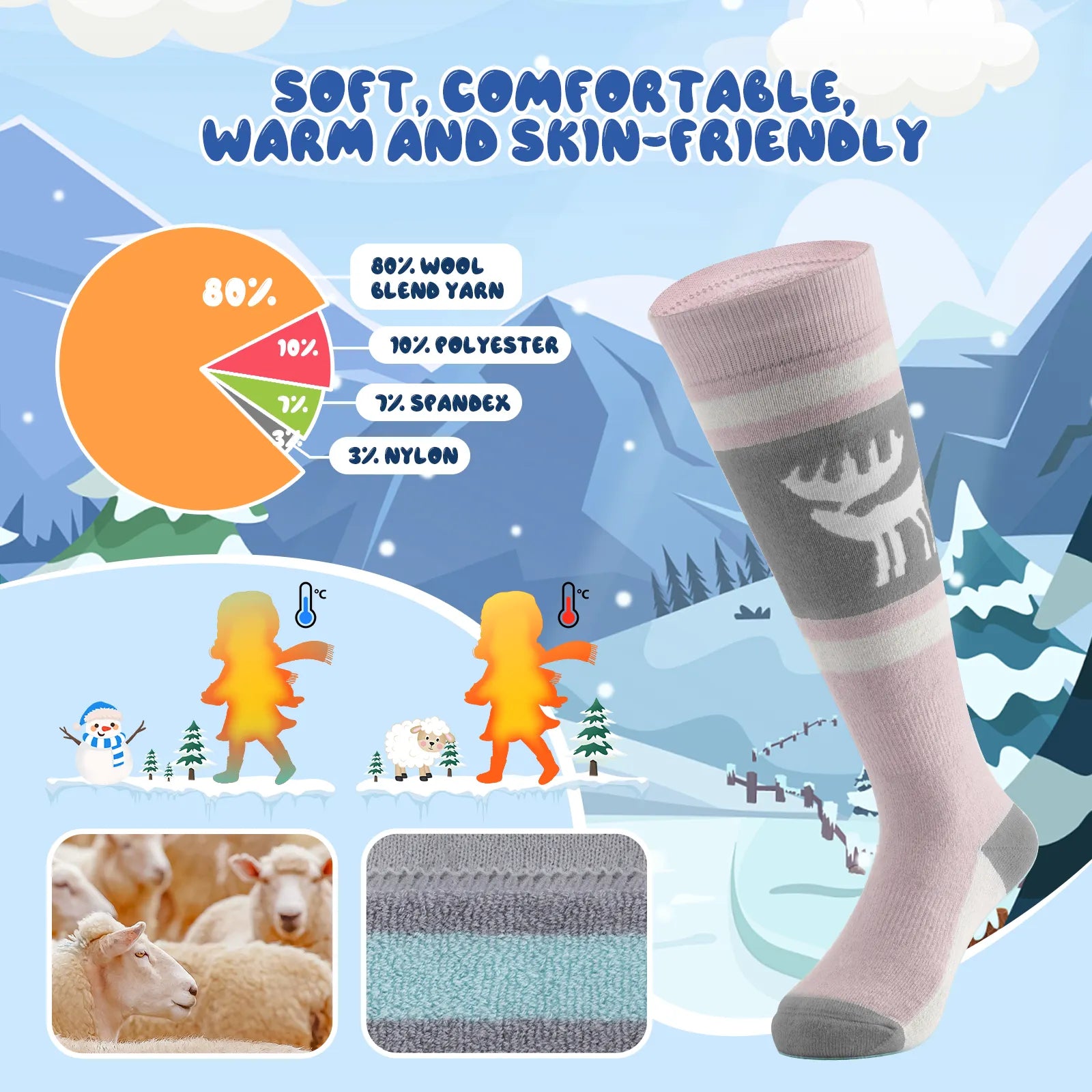 Knee-high wool blend kids ski socks by Qunature Global, warm thermal snowboarding and skating socks for boys and girls.