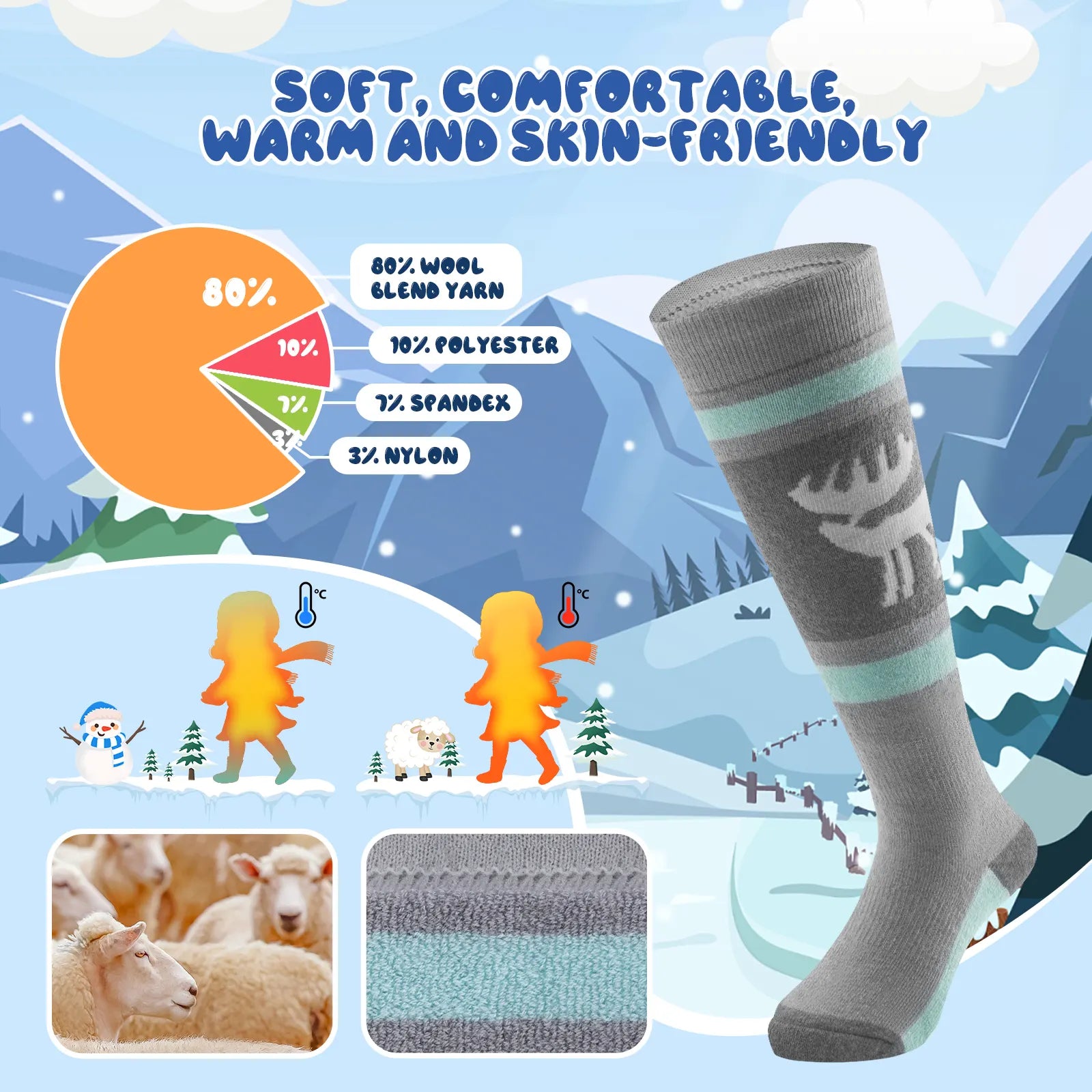 Knee-high wool blend kids ski socks by Qunature Global for warmth during snowboarding, skiing, and winter outdoor activities.