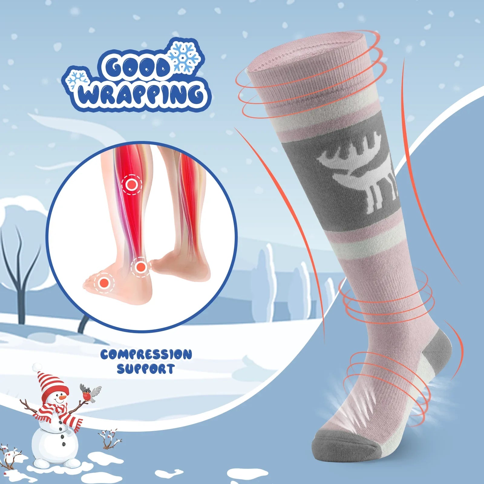 Knee-high wool blend kids ski socks from Qunature Global, designed for warmth and comfort during snowboarding and skating.