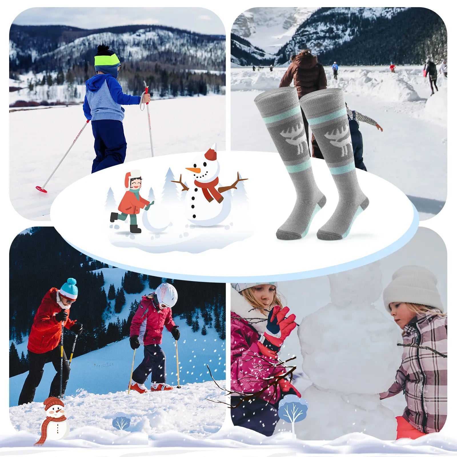 Kids ski socks by Qunature Global, knee-high wool blend thermal snowboarding and skating socks for boys and girls, warm and cozy.