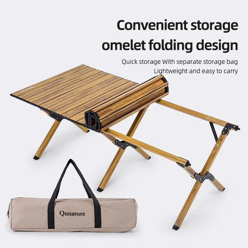 Qunature Global lightweight foldable aluminum table showing its compact design and sturdy surface for versatile use.