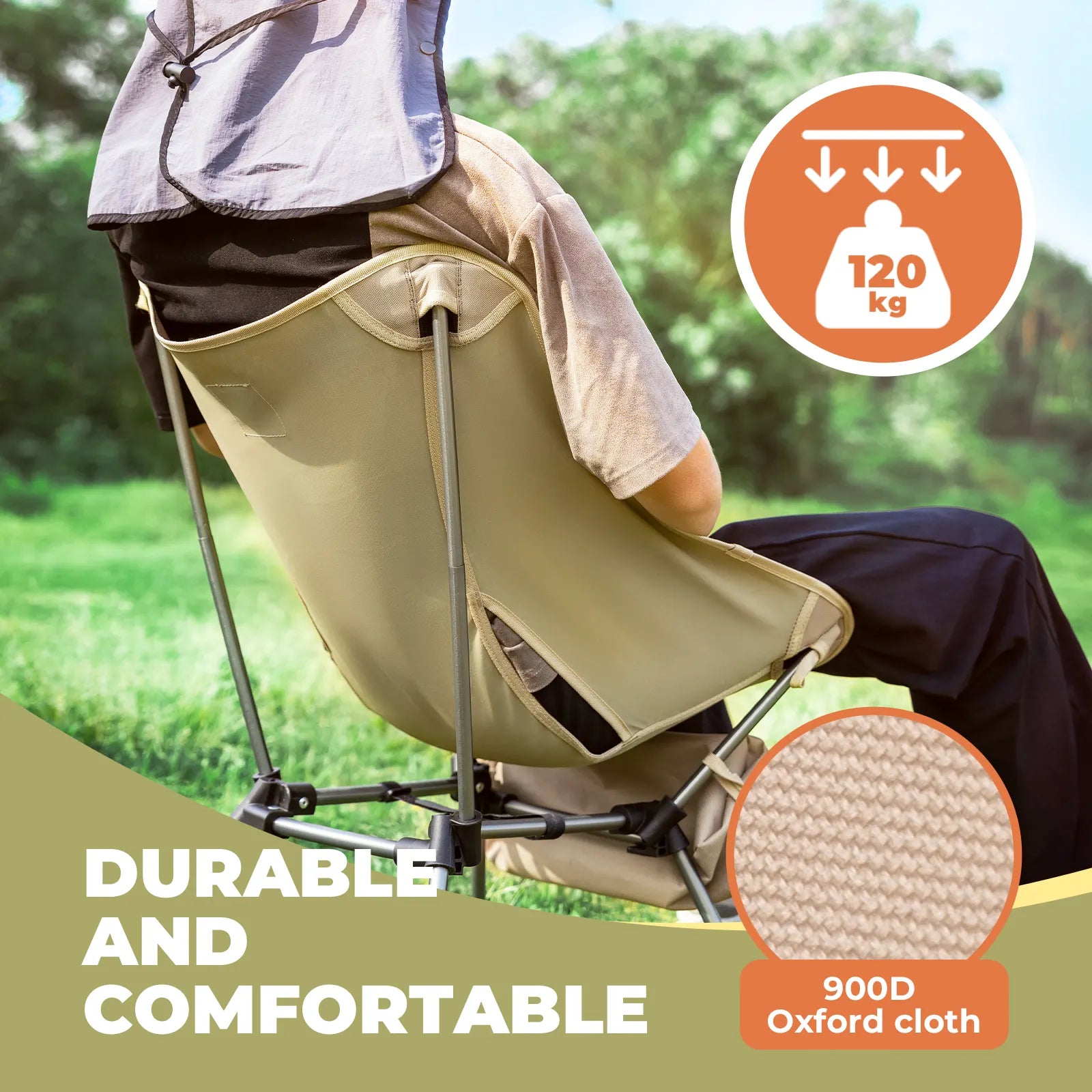 Qunature Global 260lbs folding aluminum camping chair set up outdoors, showcasing its lightweight and portable design.
