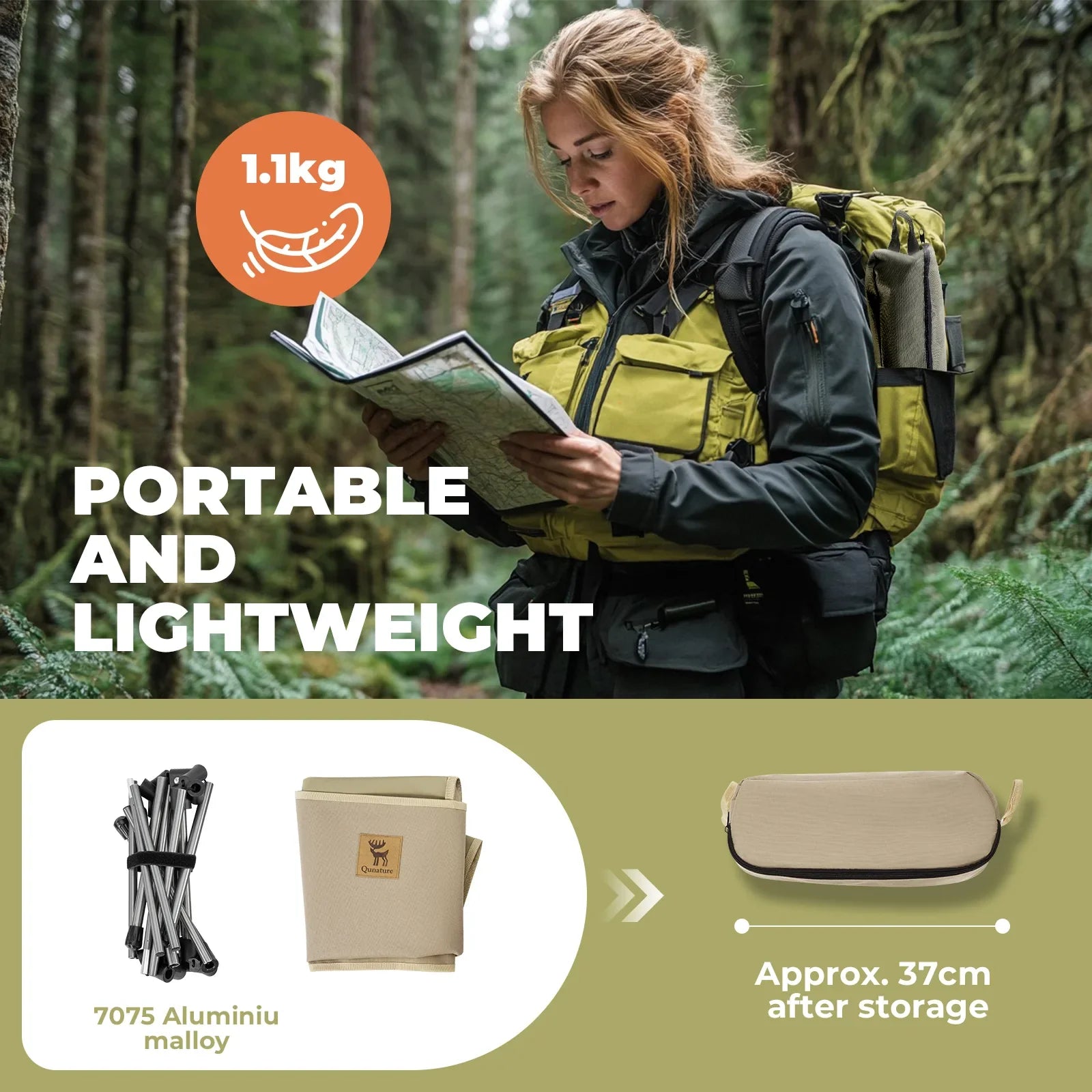 Lightweight Qunature Global folding aluminum camping chair with a sturdy frame and comfortable seat in outdoor setting.