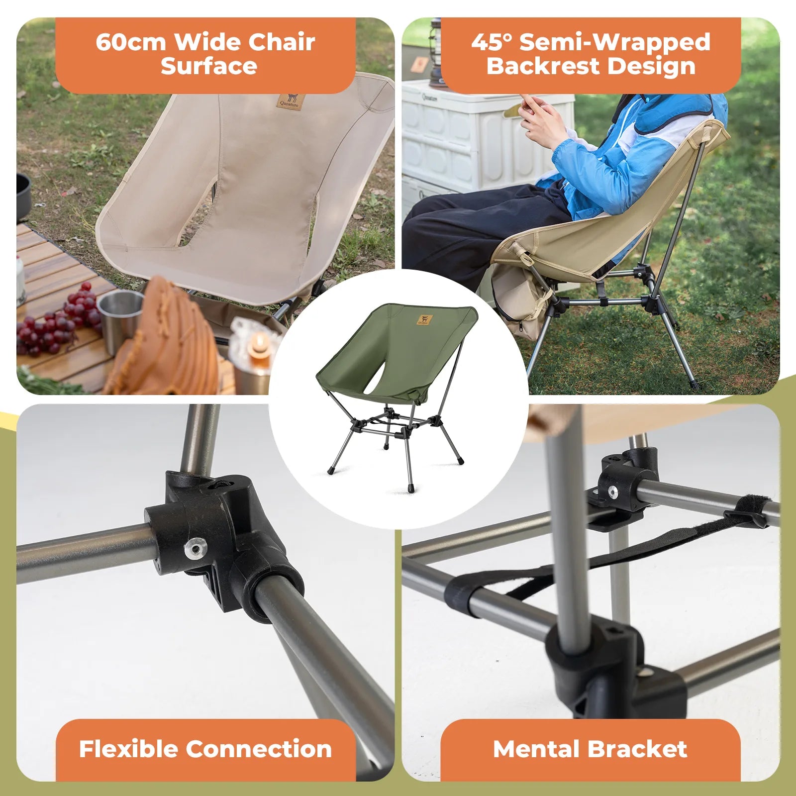 Lightweight 260lbs folding aluminum camping chair by Qunature Global, showcasing its compact design and sturdy build.