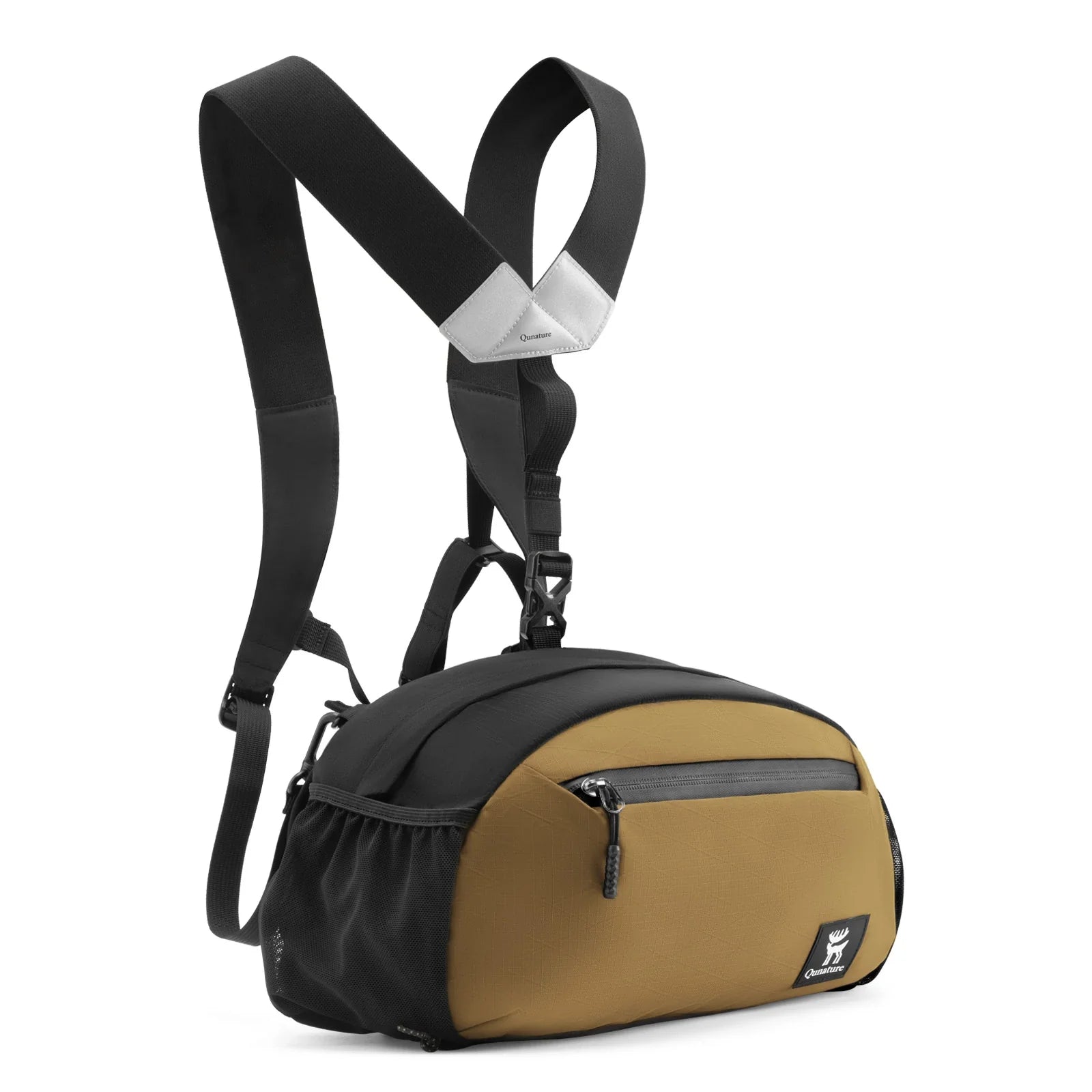 Qunature Global lightweight outdoor backpack waist bag in a rugged setting, showcasing adjustable straps and spacious compartments.
