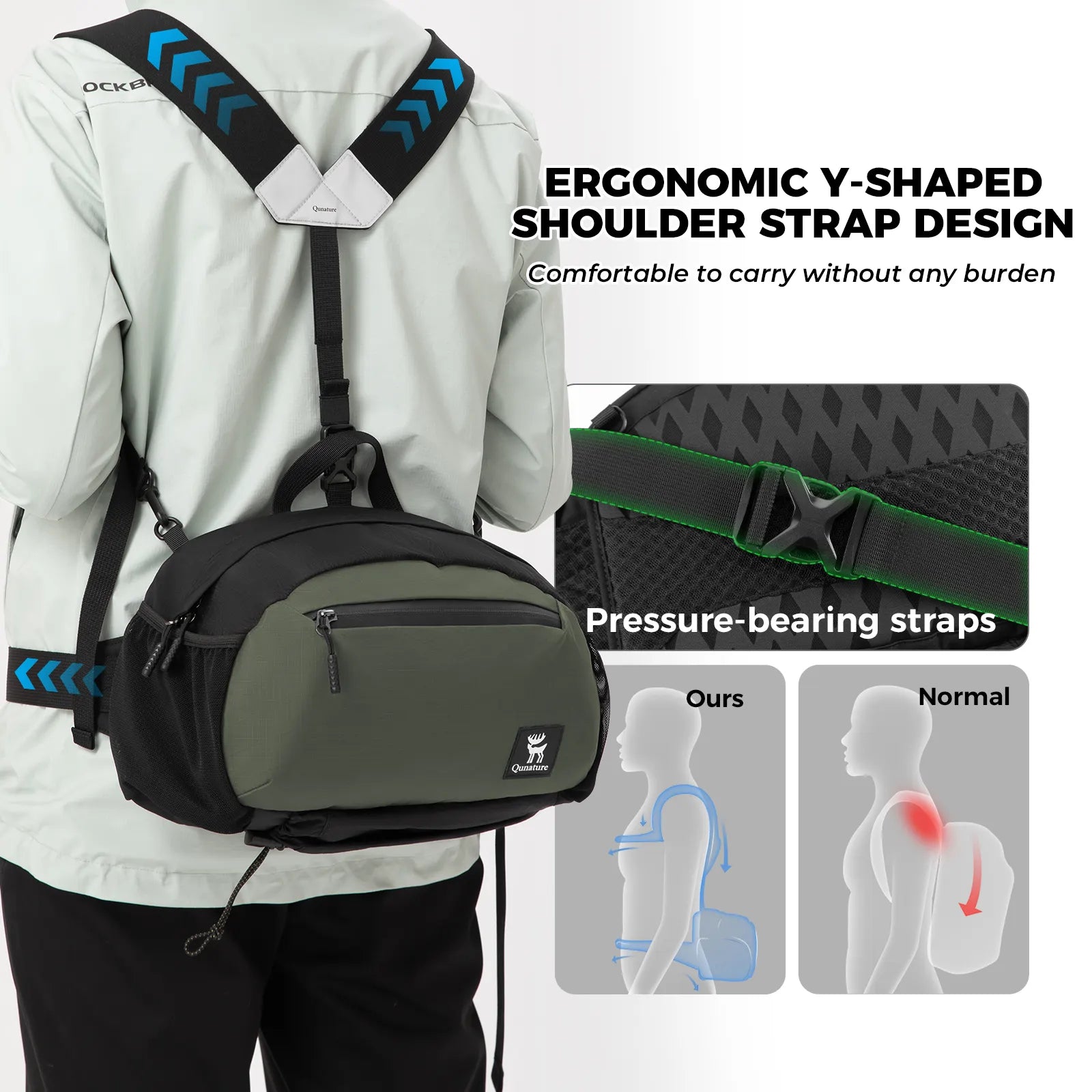 Lightweight Qunature Global outdoor backpack waist bag in a natural setting, showcasing its compact design and adjustable straps.