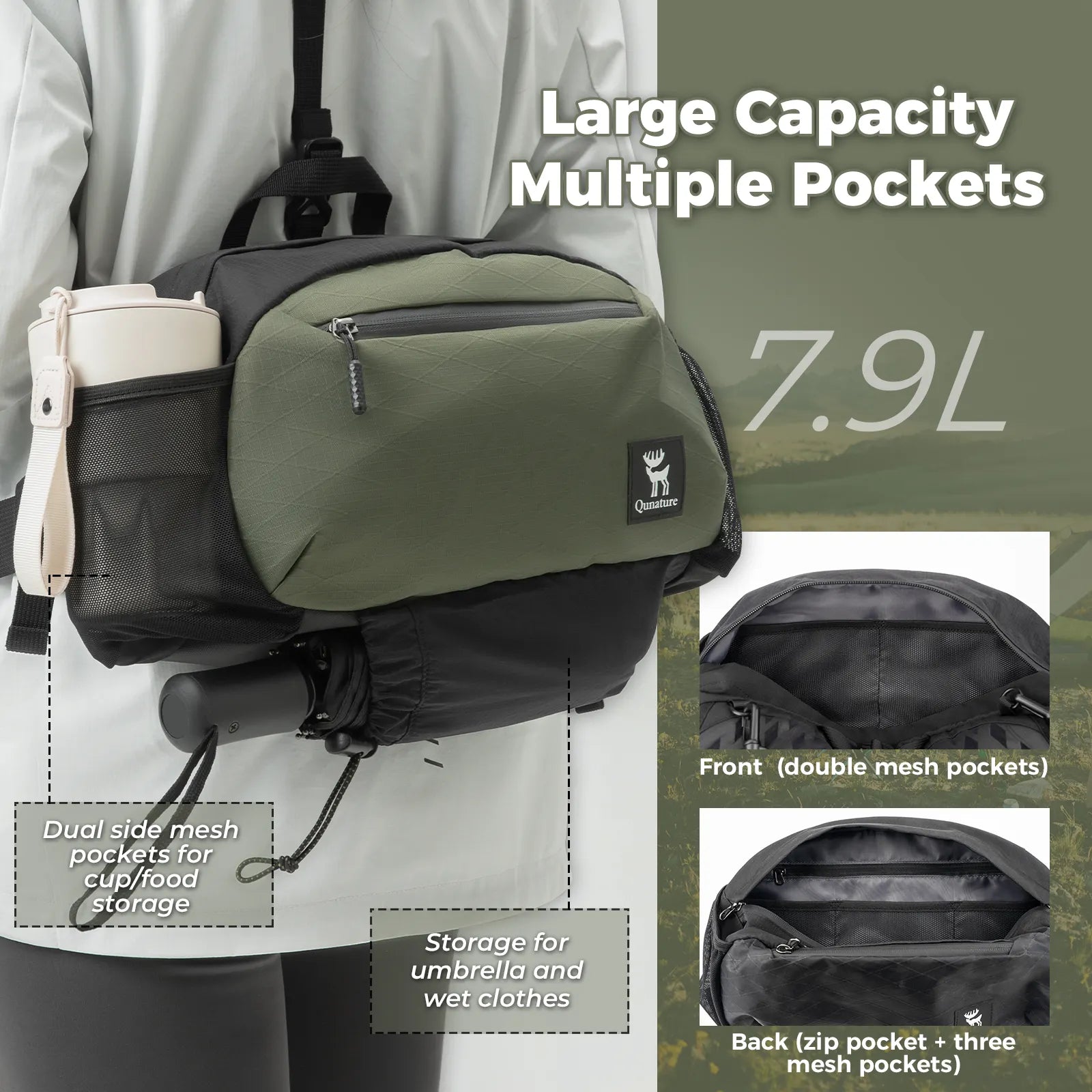 Lightweight outdoor backpack waist bag by Qunature Global, featuring adjustable straps and multiple compartments for day hikes.
