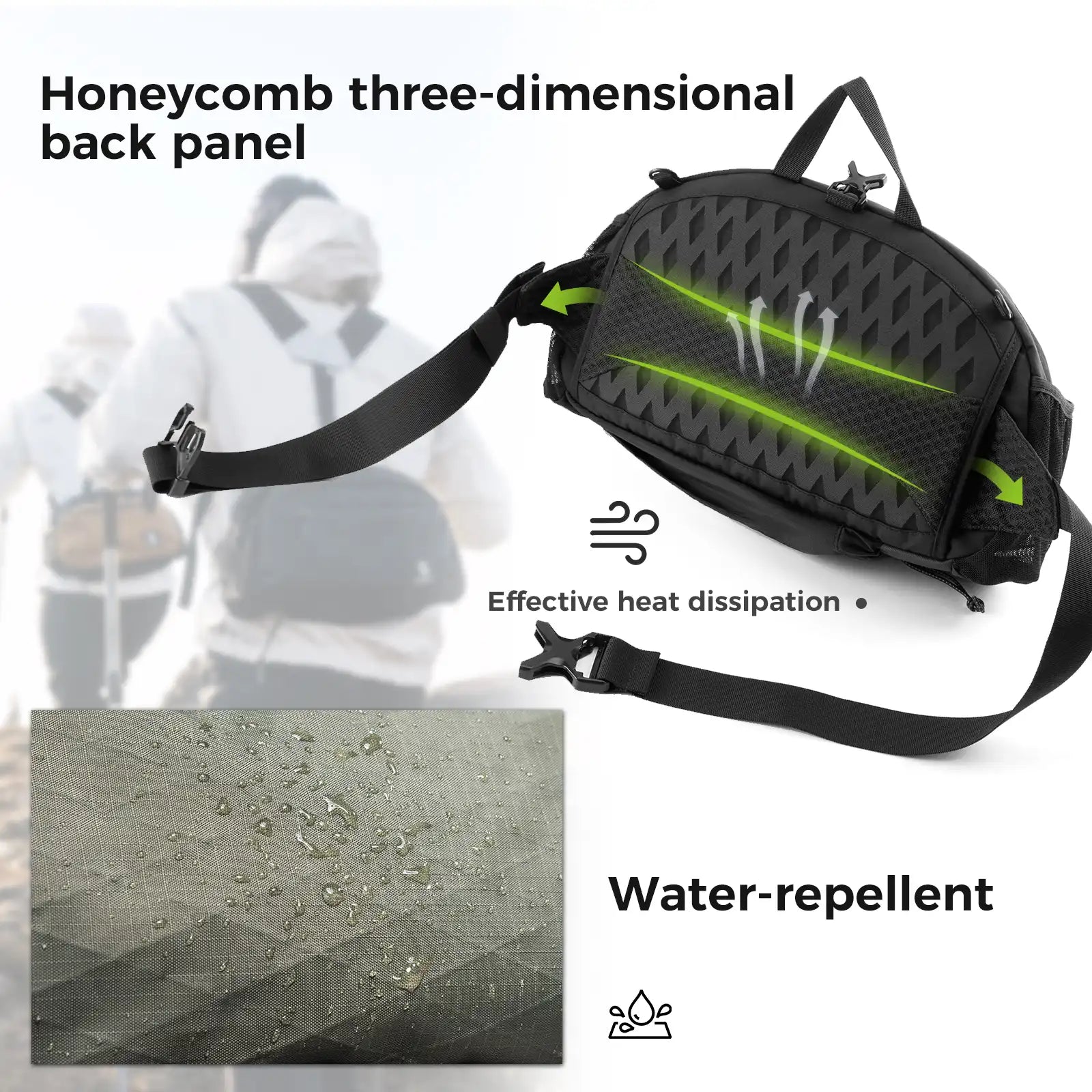 Lightweight Qunature Global outdoor backpack waist bag in a natural setting, showcasing its compact design and adjustable straps.