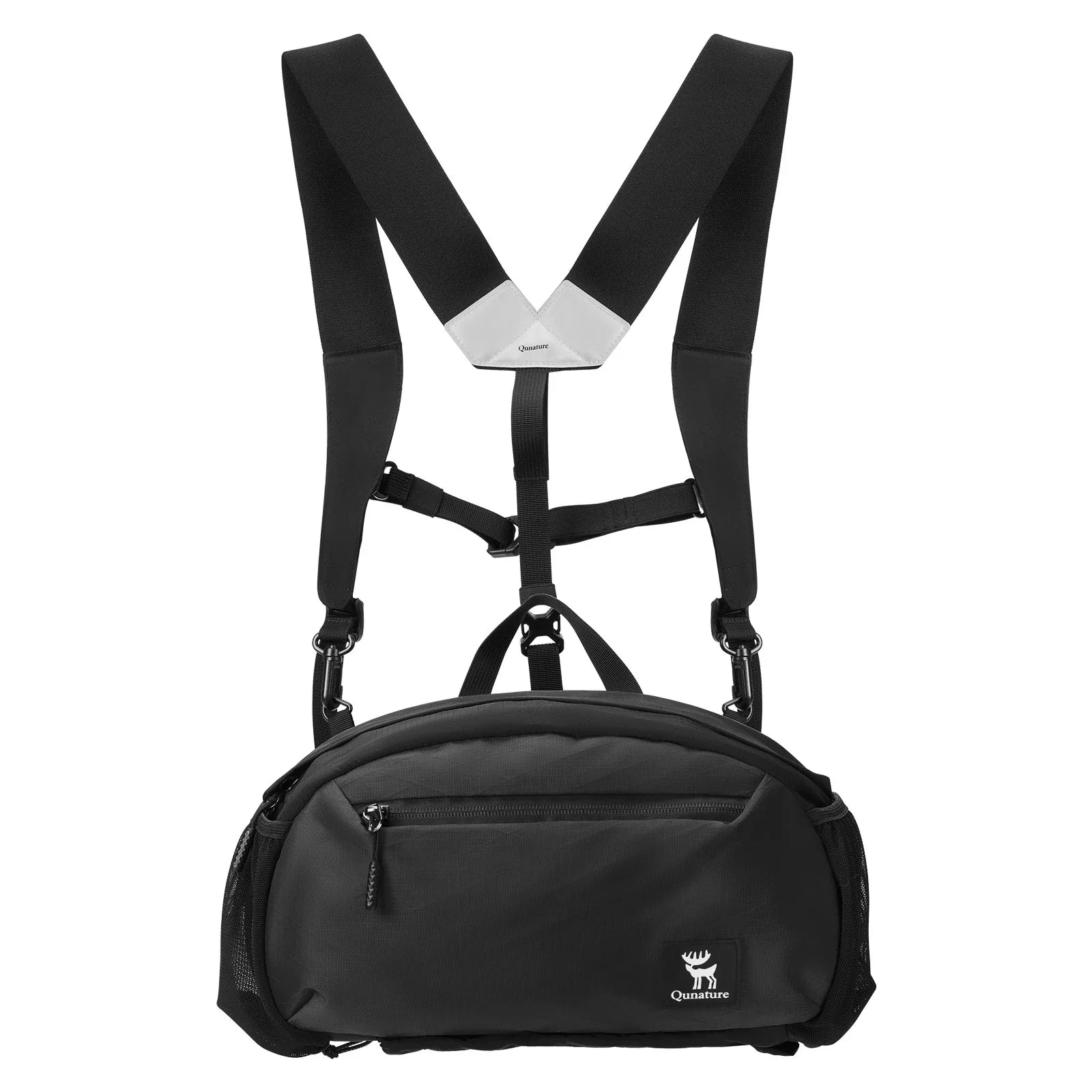 Lightweight Qunature Global outdoor backpack waist bag in a rugged environment, showcasing adjustable straps and storage compartments.