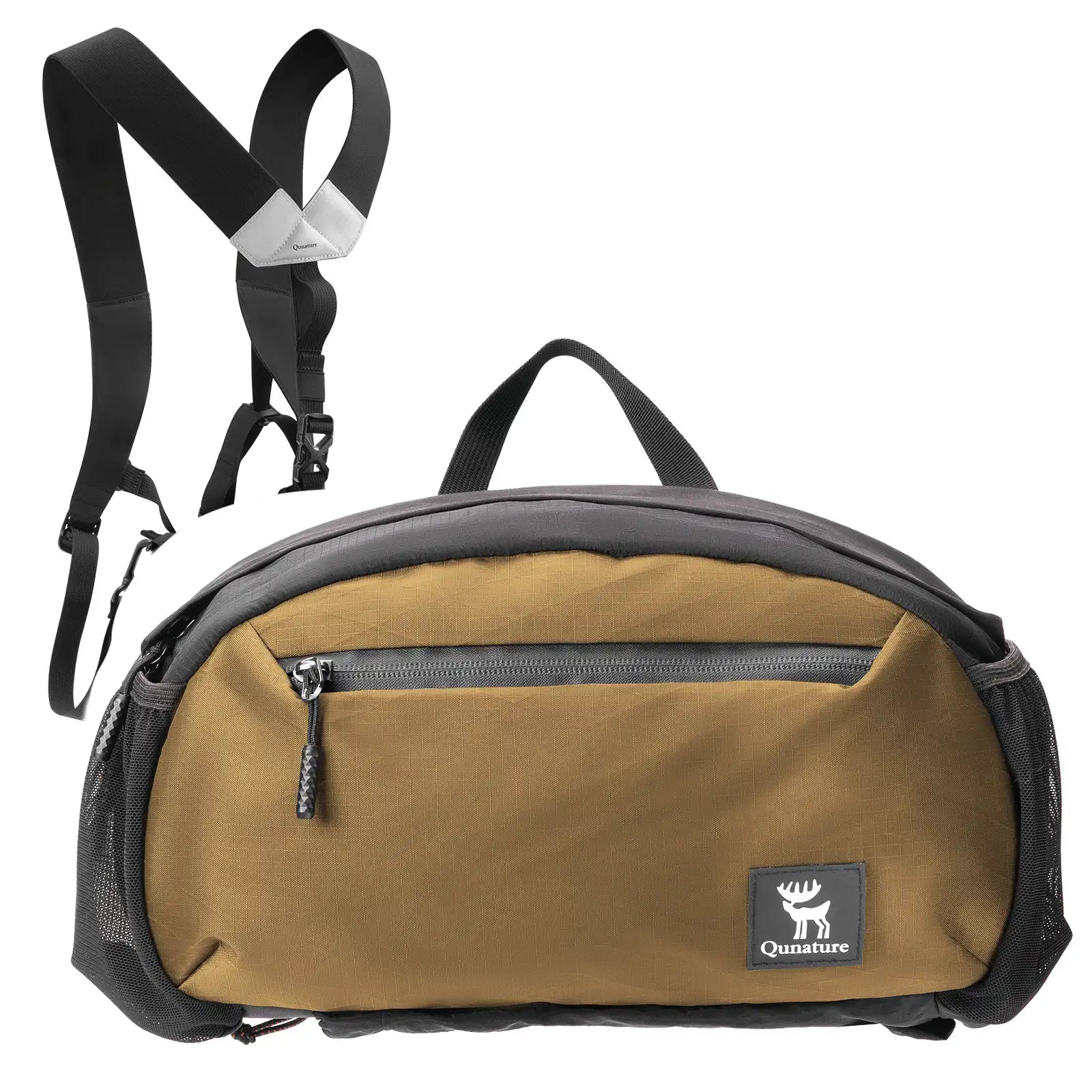Lightweight Qunature Global outdoor backpack waist bag, featuring adjustable straps and multiple compartments for day hikes.