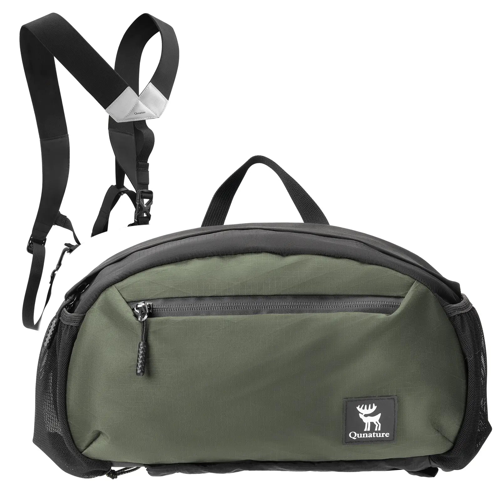 Lightweight Qunature Global outdoor backpack waist bag in a rugged environment, showcasing adjustable straps and storage pockets.