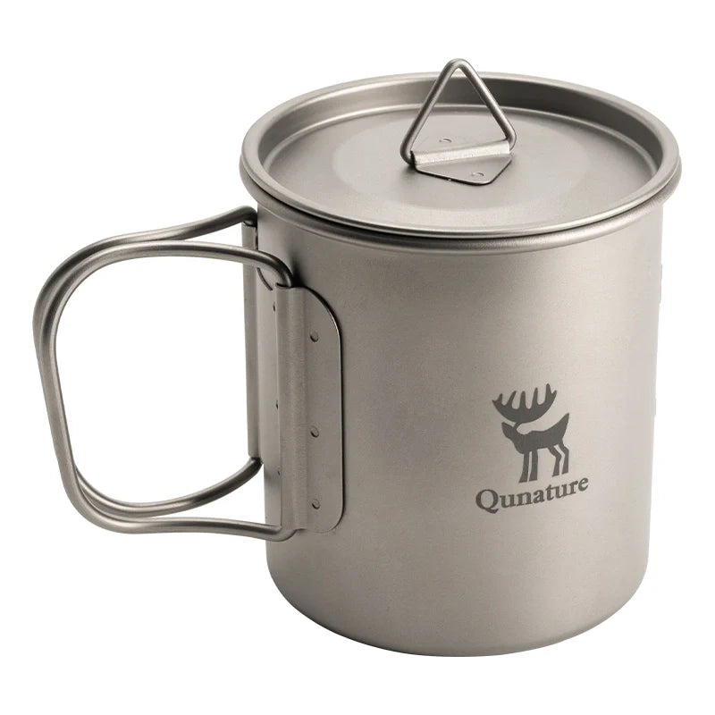 Qunature Global lightweight pure titanium folding camping mug with lid, durable and portable for outdoor adventures.