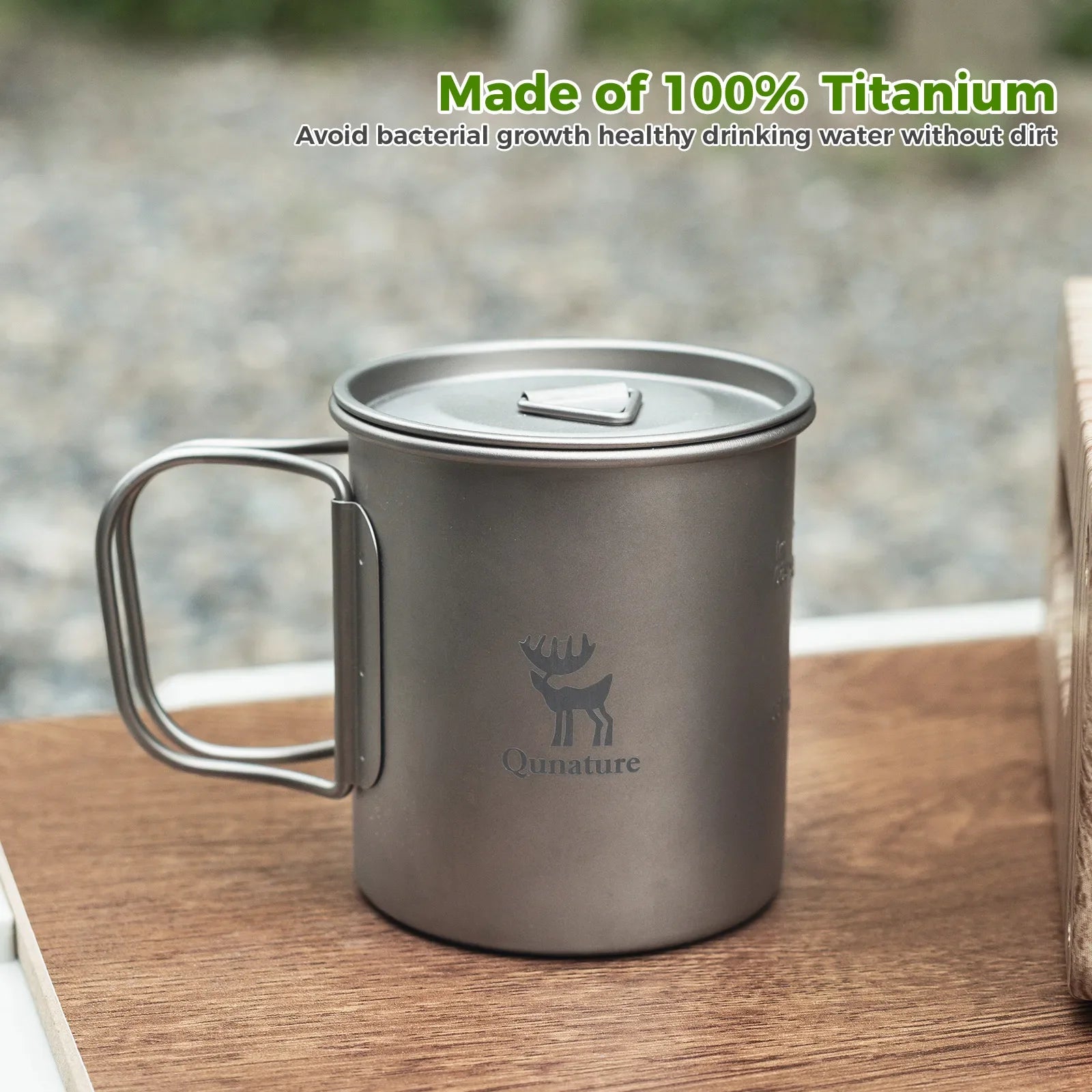 Qunature Global lightweight pure titanium folding camping mug with lid, durable and portable for outdoor adventure.