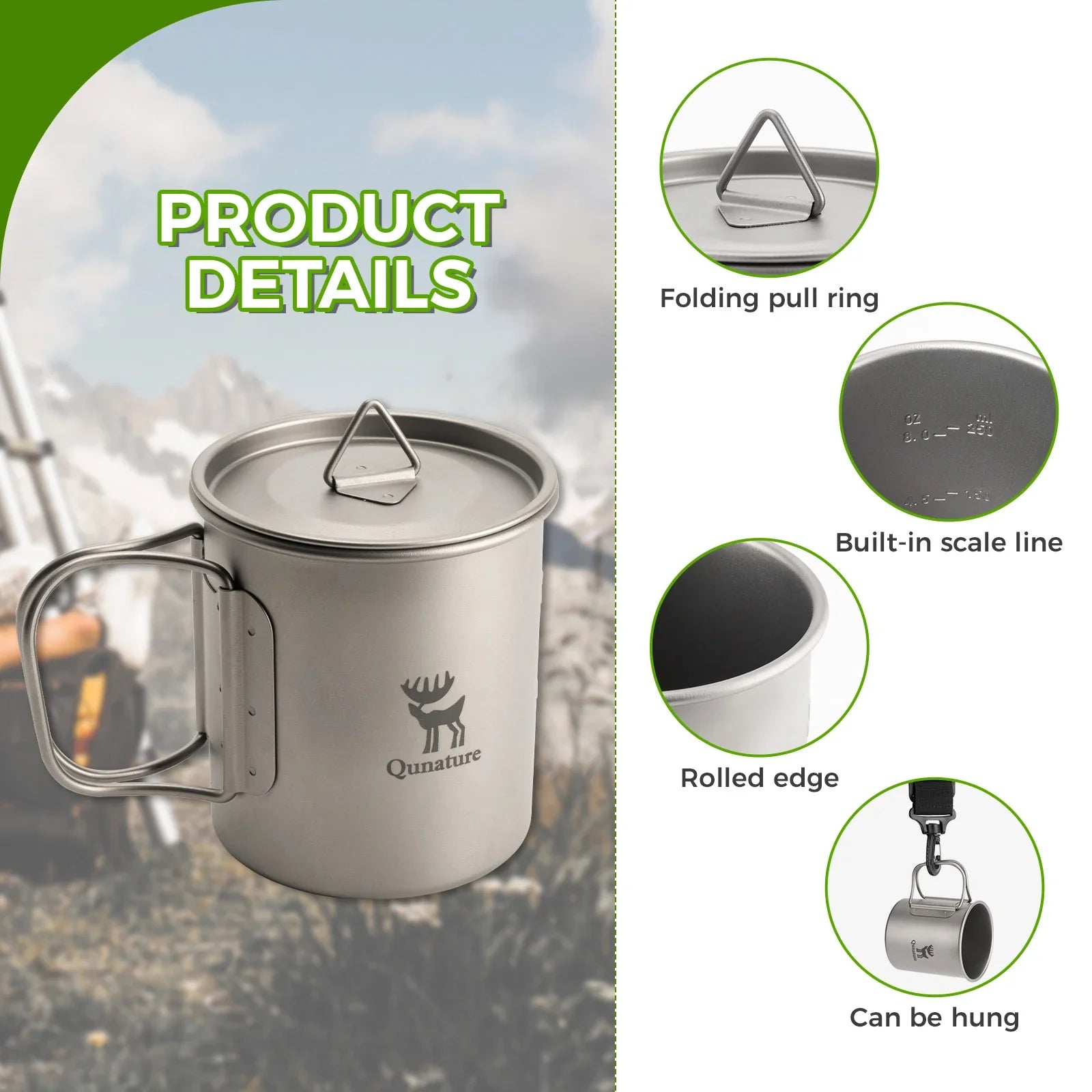 Qunature Global pure titanium folding camping mug with lid, lightweight and durable for outdoor use