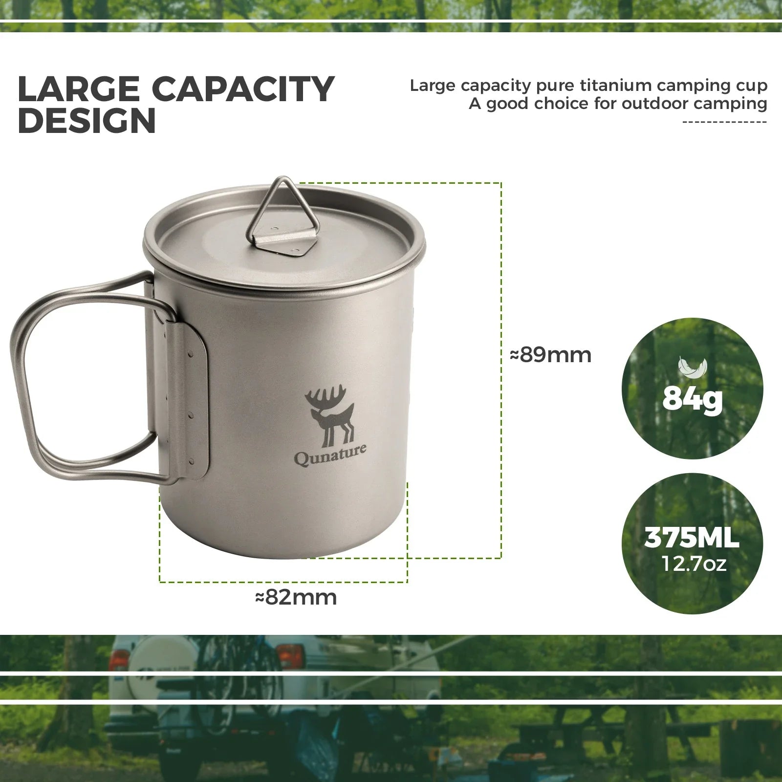 Qunature Global lightweight titanium folding mug with lid, durable camping cup for outdoor adventures