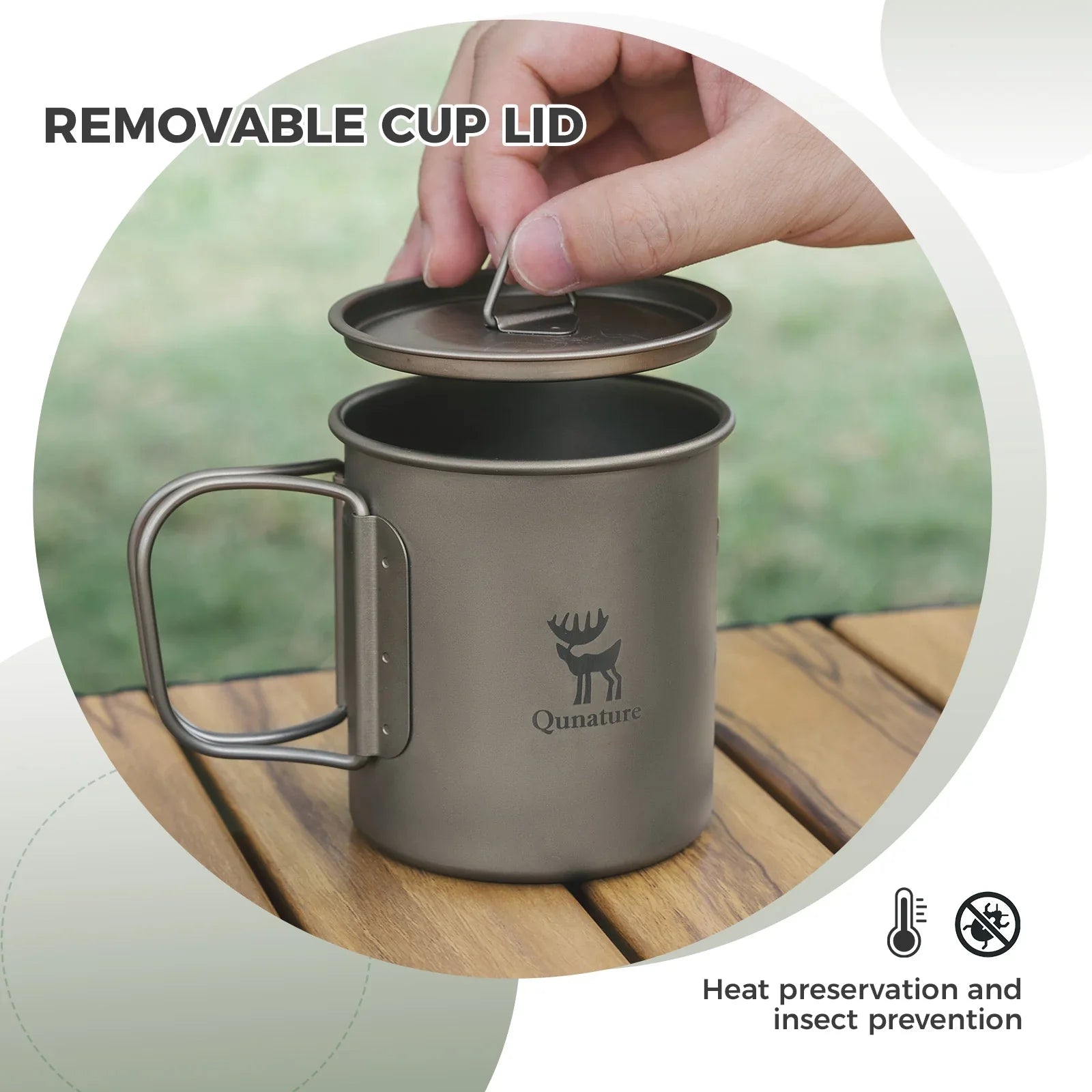 Qunature Global pure titanium folding mug with lid, lightweight and durable, ideal for outdoor camping and travel.