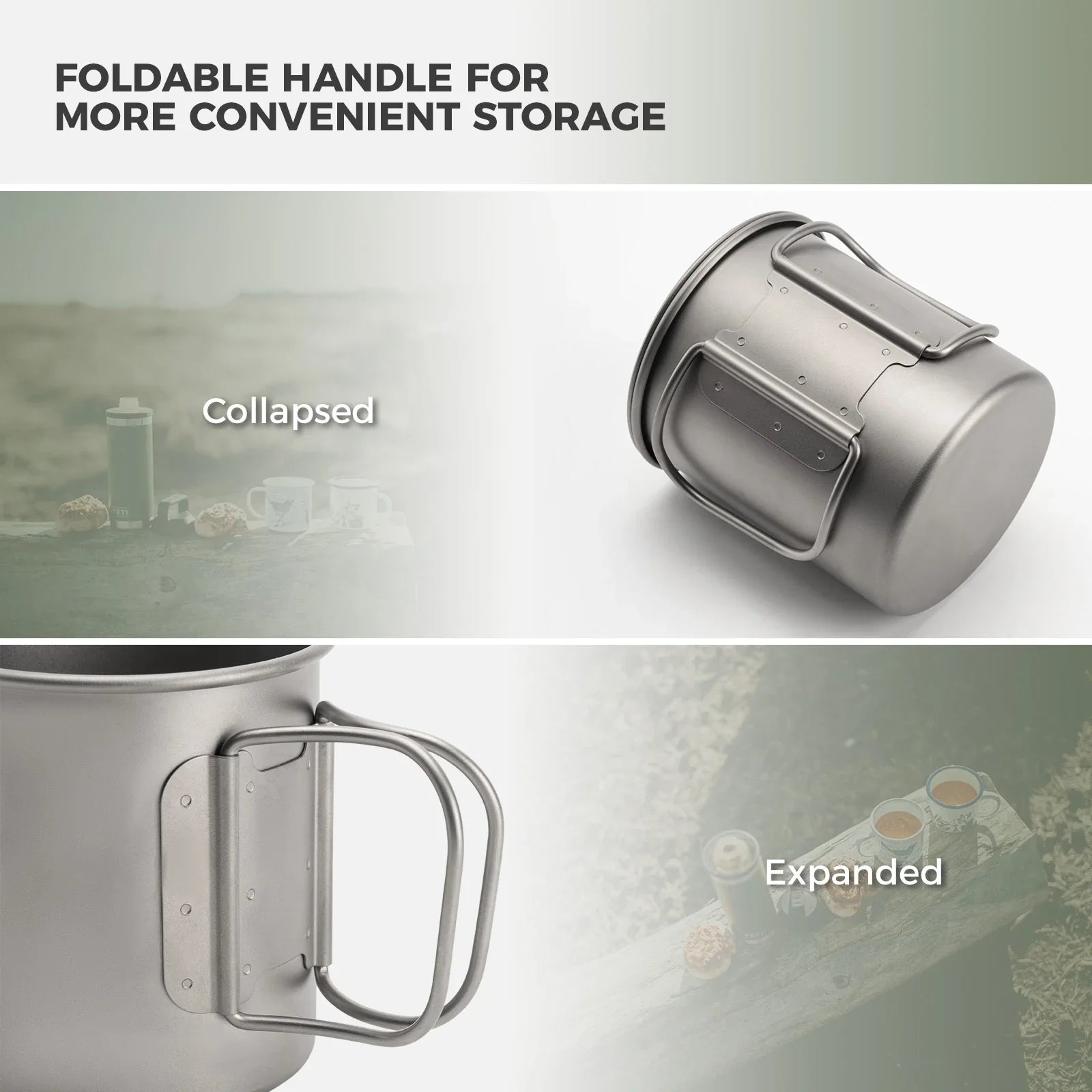 Qunature Global pure titanium folding camping mug with lid, lightweight and durable for outdoor use.