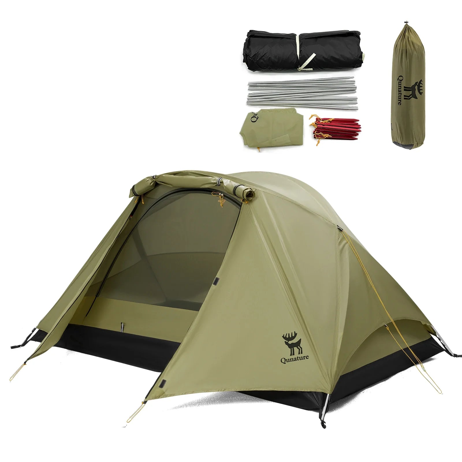 Lightweight Qunature Global 2-person rainproof tent with aluminum rods, set up outdoors in a grassy area.
