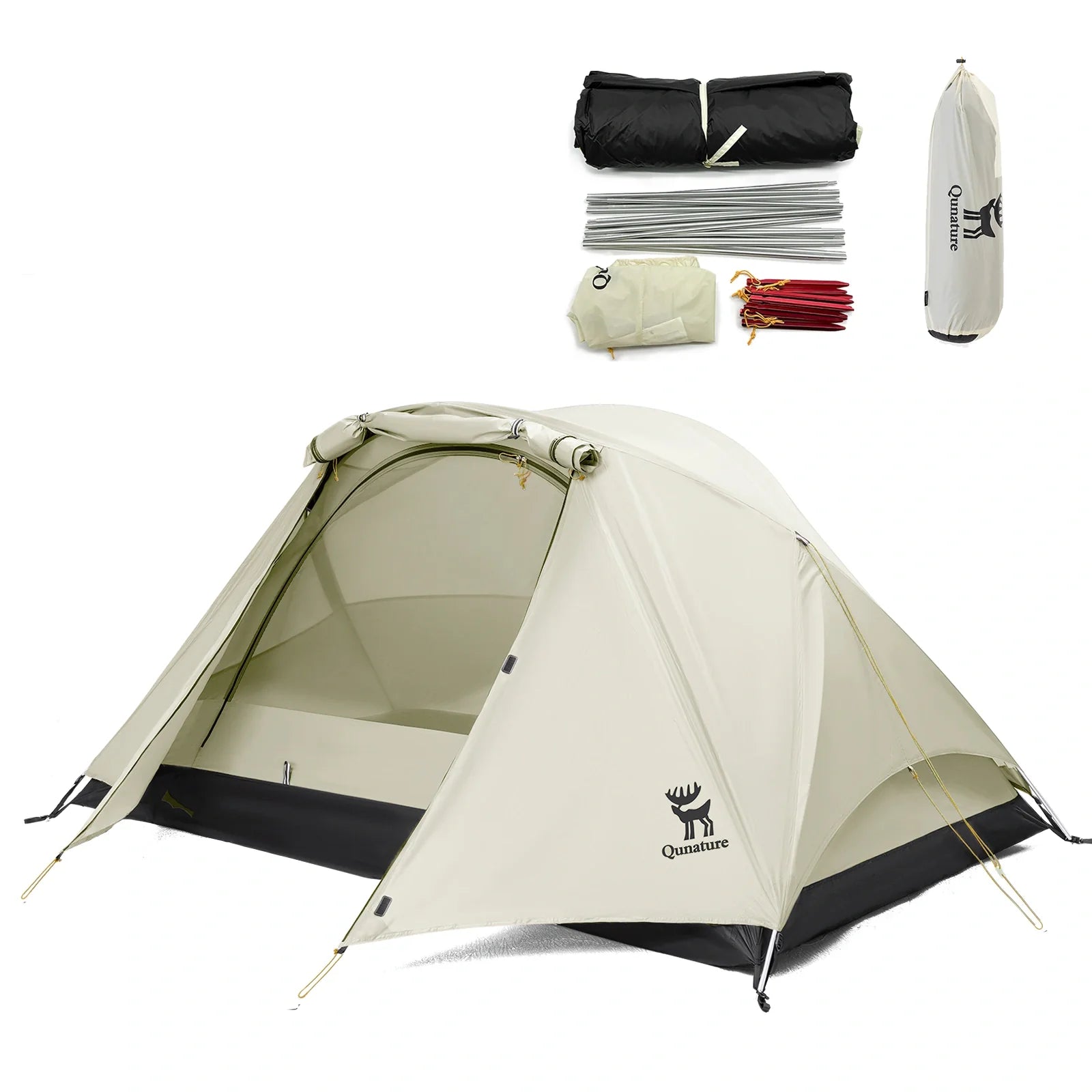 Lightweight Qunature Global rainproof tent set up with aluminum rods for two people, ideal for camping in wet weather.