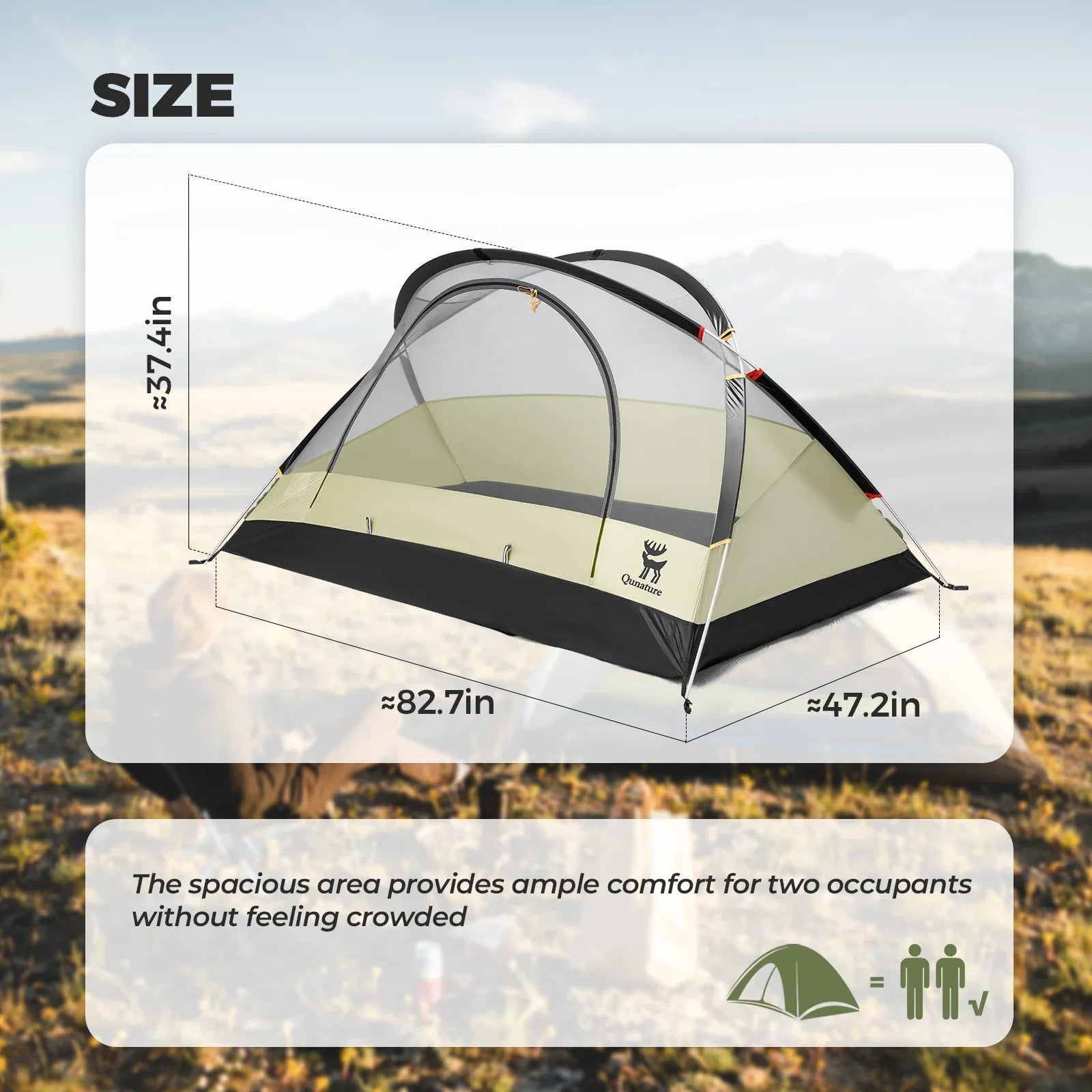 Lightweight Qunature Global rainproof tent with aluminum rods set up for camping in an outdoor setting.