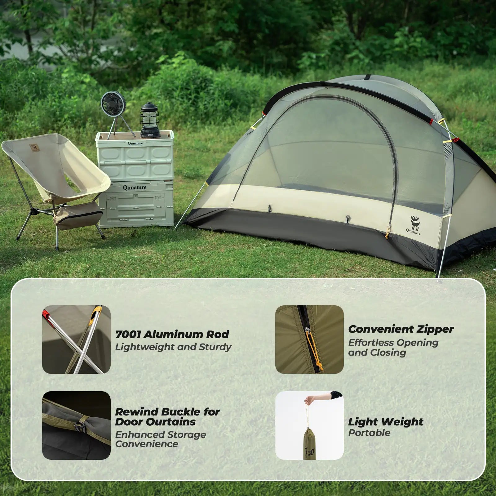 Lightweight Qunature Global rainproof tent with aluminum rods set up in a scenic camping location.