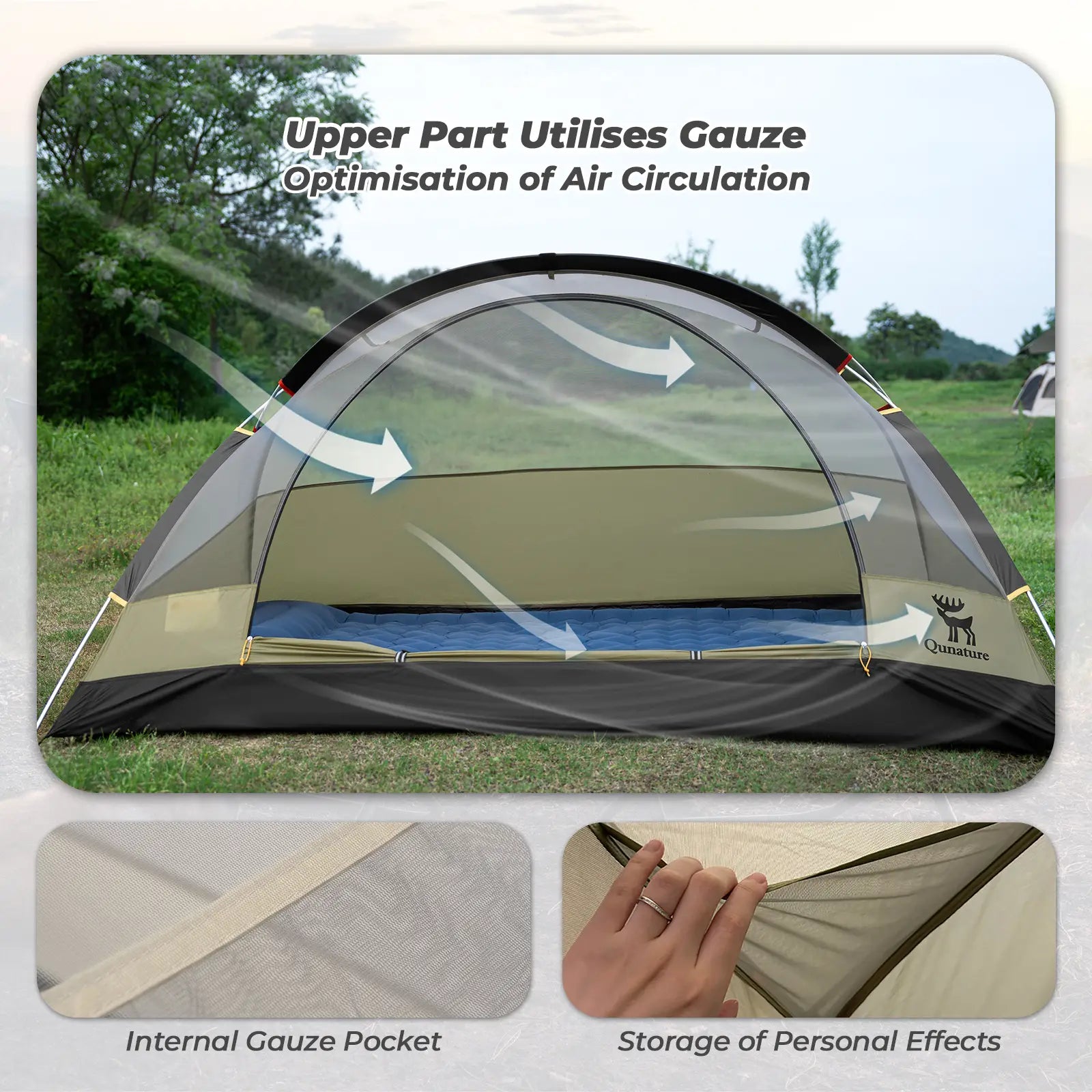 Lightweight rainproof tent by Qunature Global with aluminum rods, set up in a camping environment.