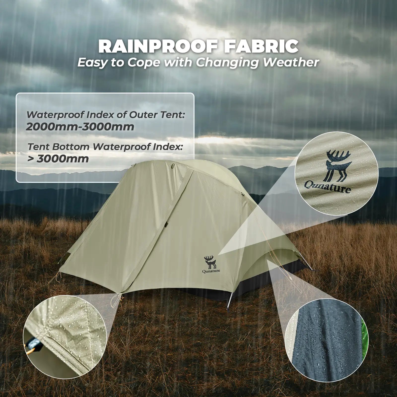 Lightweight rainproof tent by Qunature Global with aluminum rods, showcasing easy setup and spacious interior for camping.