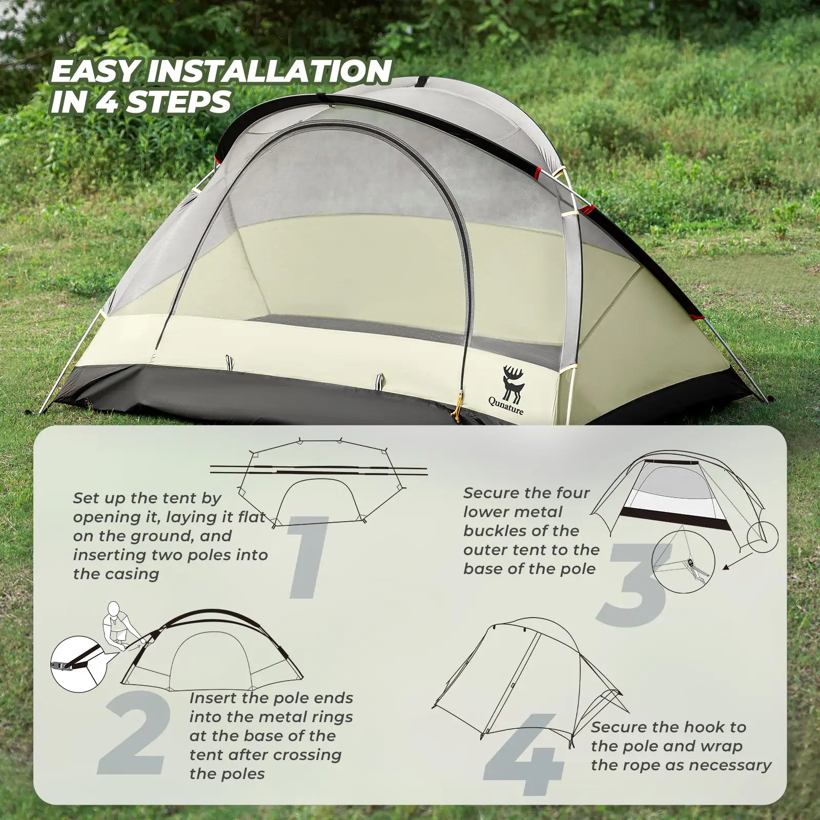 Lightweight rainproof tent by Qunature Global with aluminum rods, set up for camping in a natural outdoor setting.