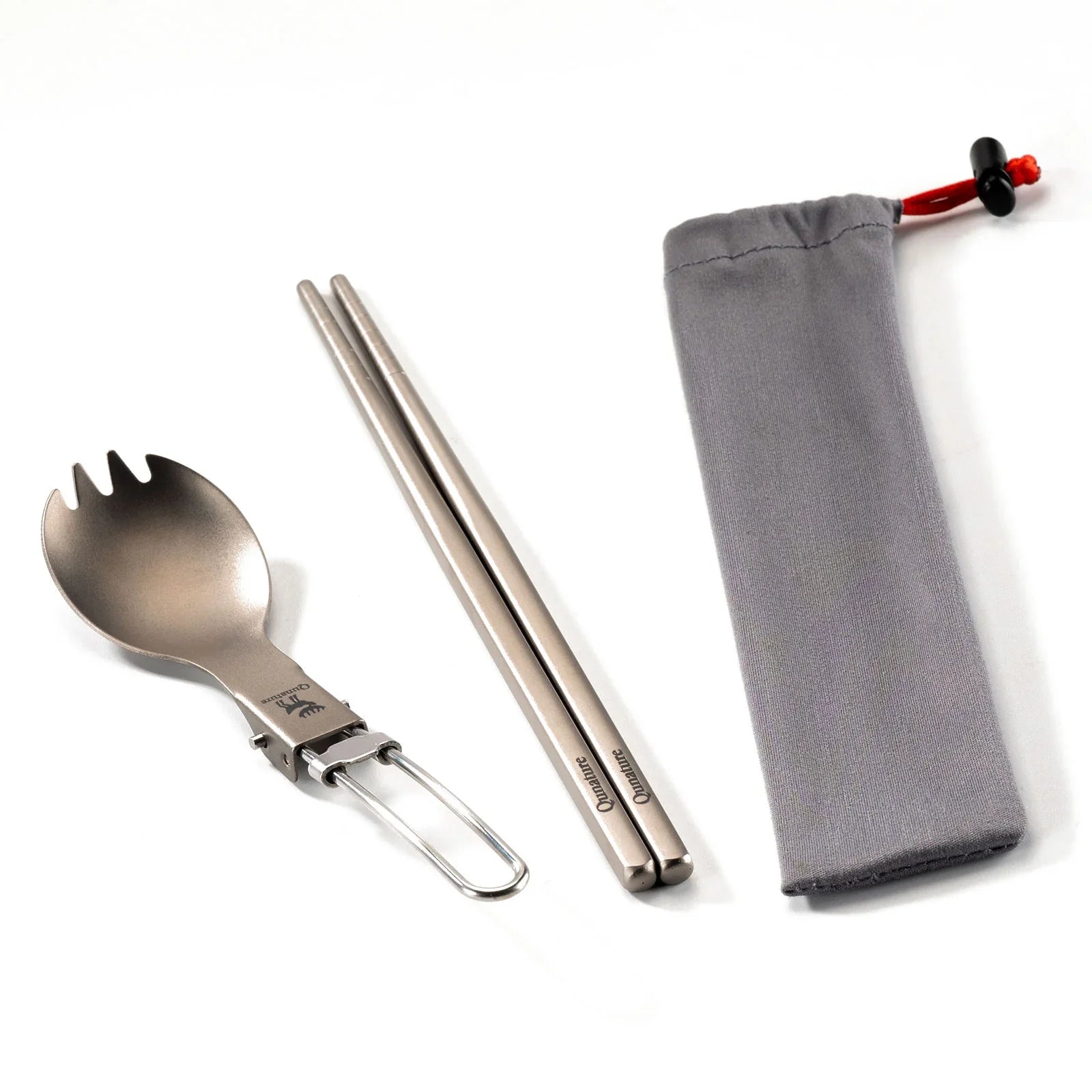 Lightweight Titanium 3-in-1 Tableware Set by Qunature Global featuring a fork, spoon, and knife in a compact design.