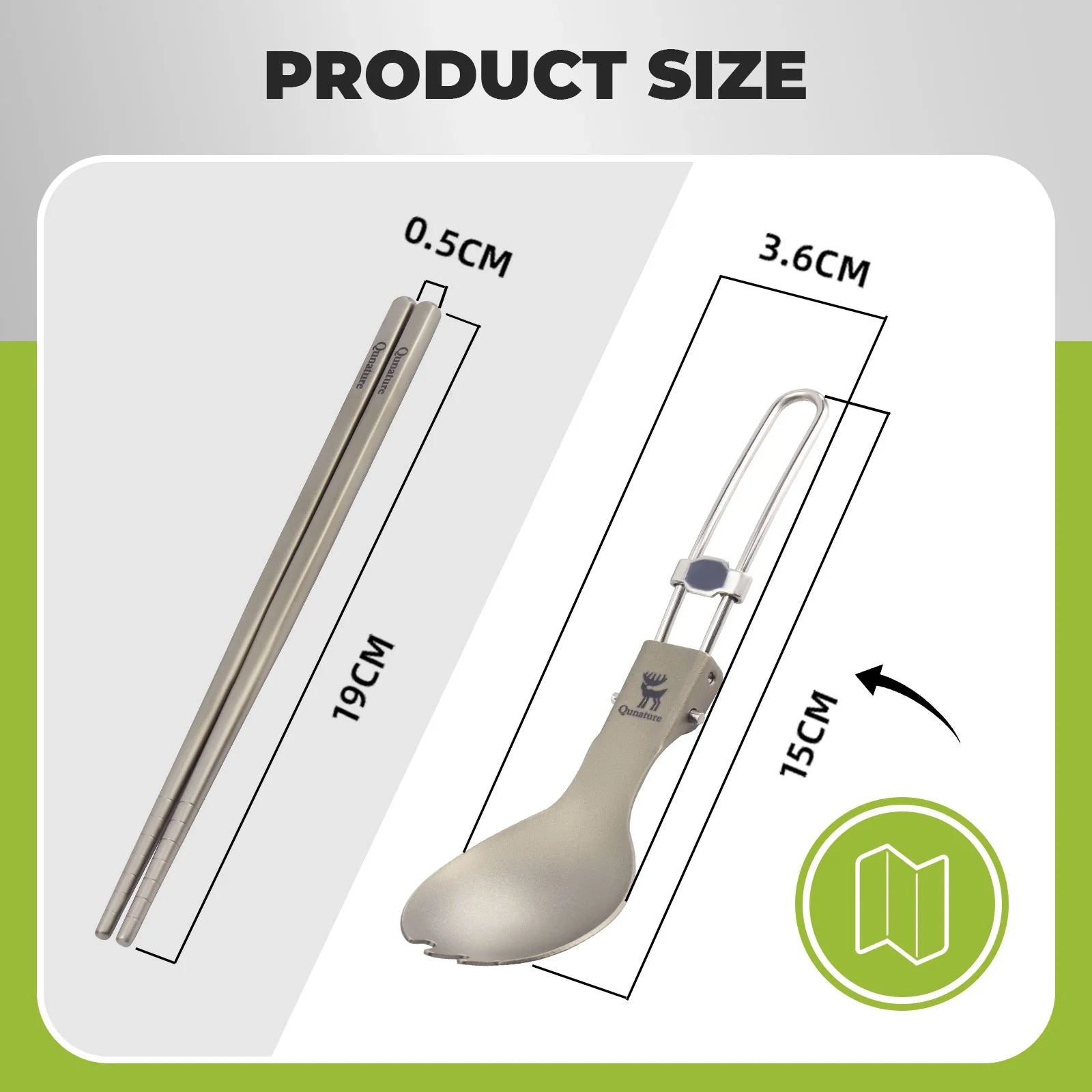 Lightweight titanium 3-in-1 tableware set by Qunature Global, featuring a fork, spoon, and knife in a compact design.