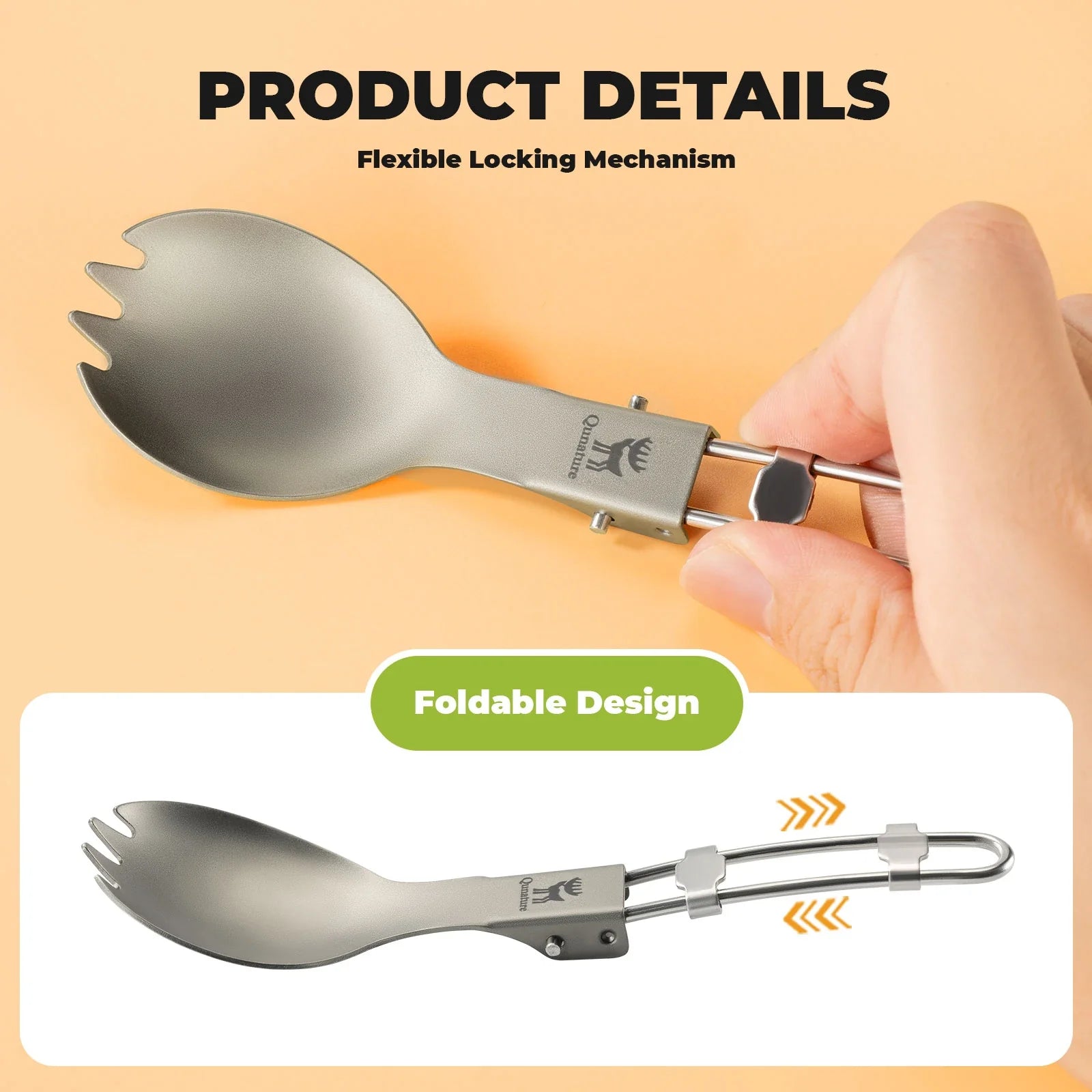 Lightweight titanium 3-in-1 tableware set by Qunature Global, featuring a fork, spoon, and knife in a compact design.