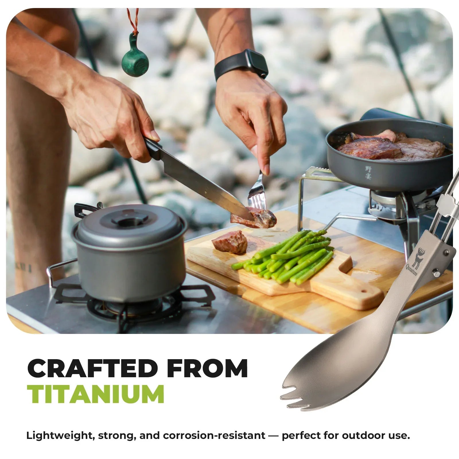 Lightweight Titanium 3-in-1 Tableware Set by Qunature Global featuring a fork, spoon, and knife in a compact design.