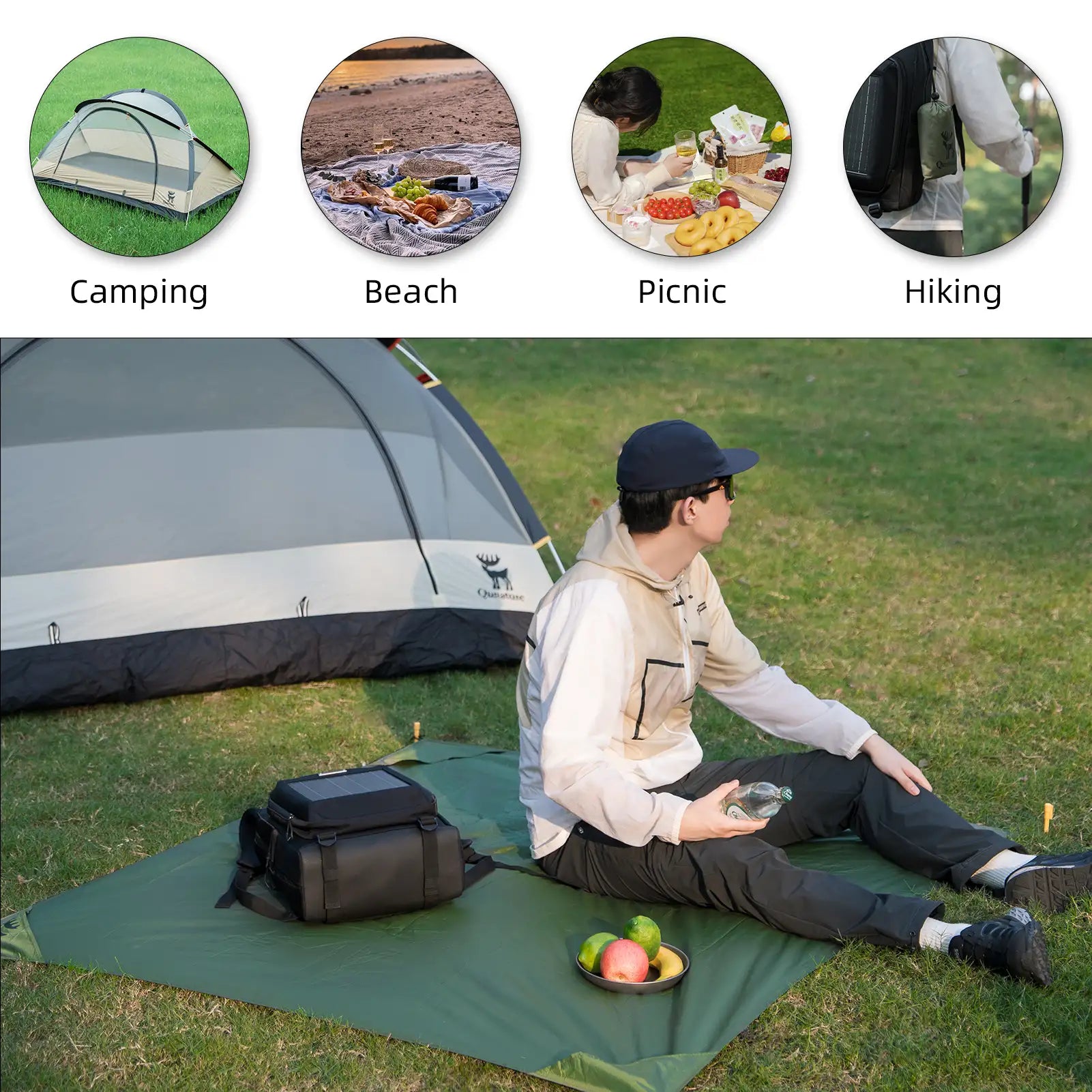 Lightweight waterproof picnic blanket by Qunature Global, showcasing a portable foldable mat for camping and beach use.