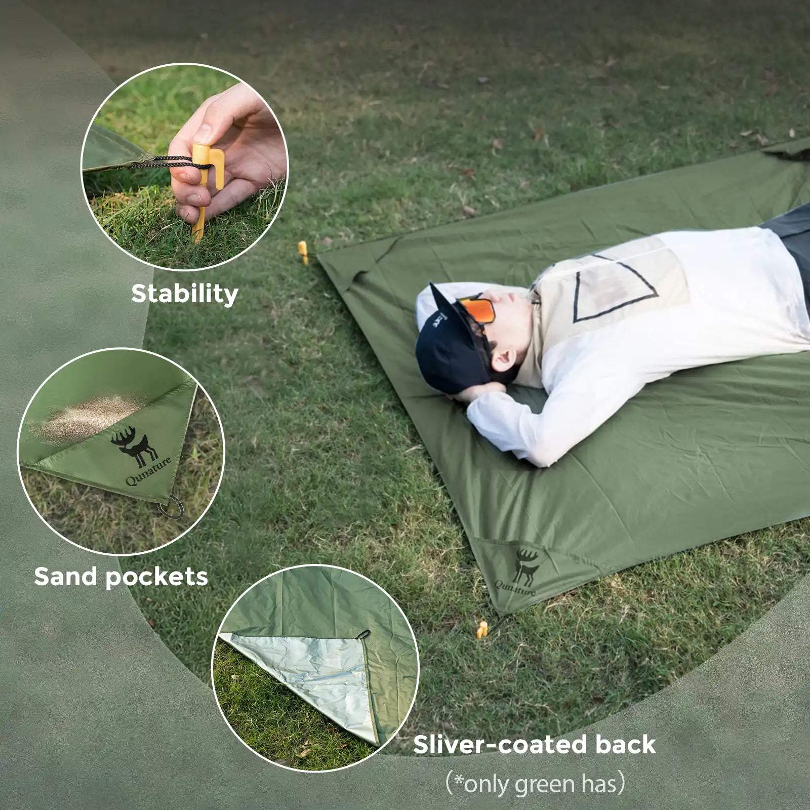 Lightweight waterproof picnic blanket by Qunature Global, portable and foldable ground mat for camping and beach trips.