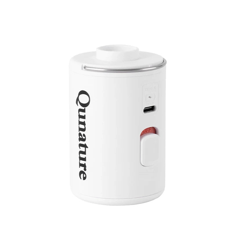 Qunature Global mini electric rechargeable air pump for inflatables, compact design with nozzle attachment.