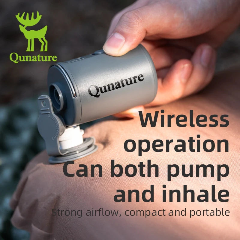 Qunature Global 4KPa mini electric rechargeable air pump for inflatables with compact design and nozzle attachment.