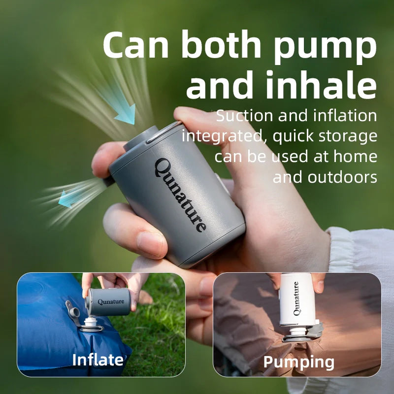 Qunature Global mini electric rechargeable air pump for inflatables, compact design with nozzle for easy inflation.