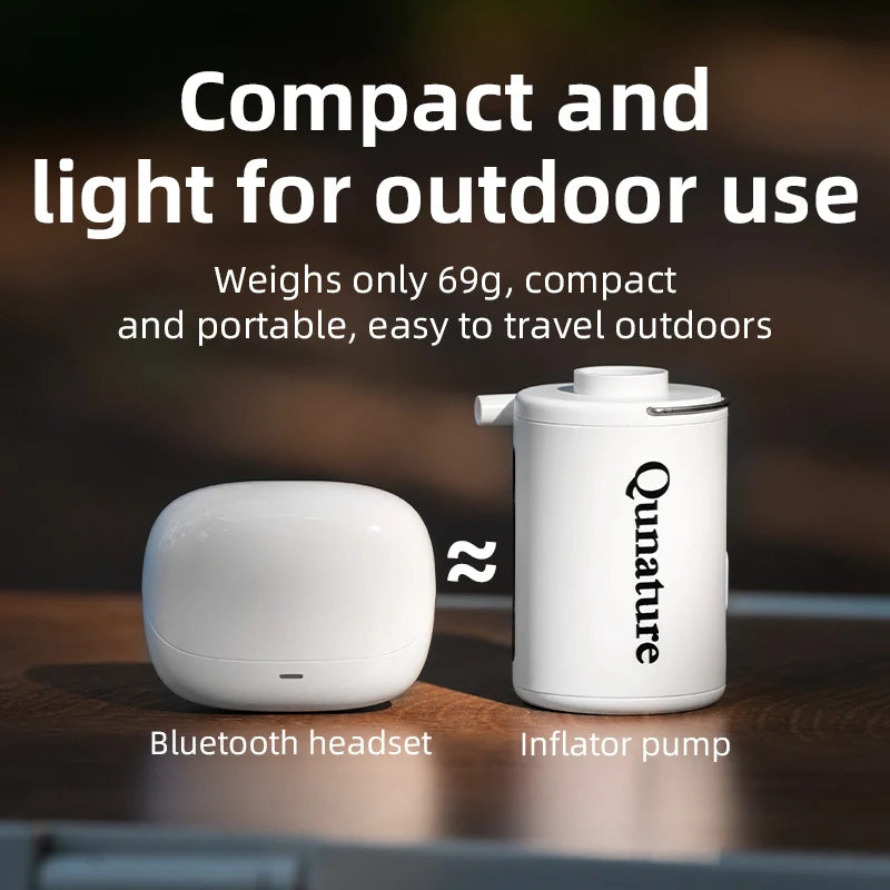 Qunature Global 4KPa mini electric rechargeable air pump for inflatables with compact design and nozzle attachment.